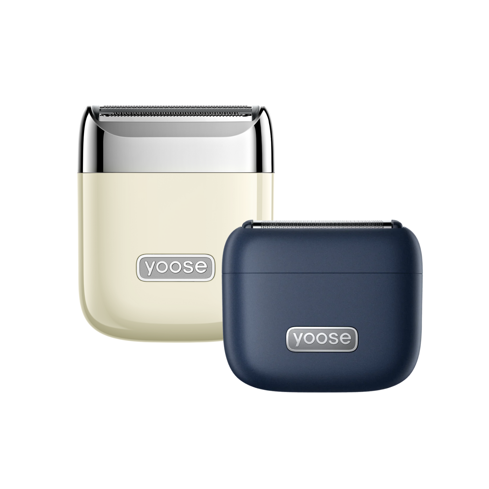 Colorful compact electric shavers in yellow, green, black, blue, and silver with dual rotary blades