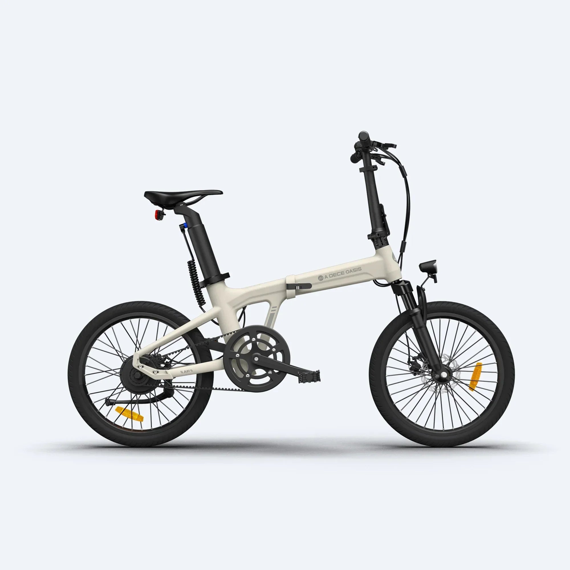 A DECE OASIS foldable electric bike with white frame, black wheels, and front light on neutral background