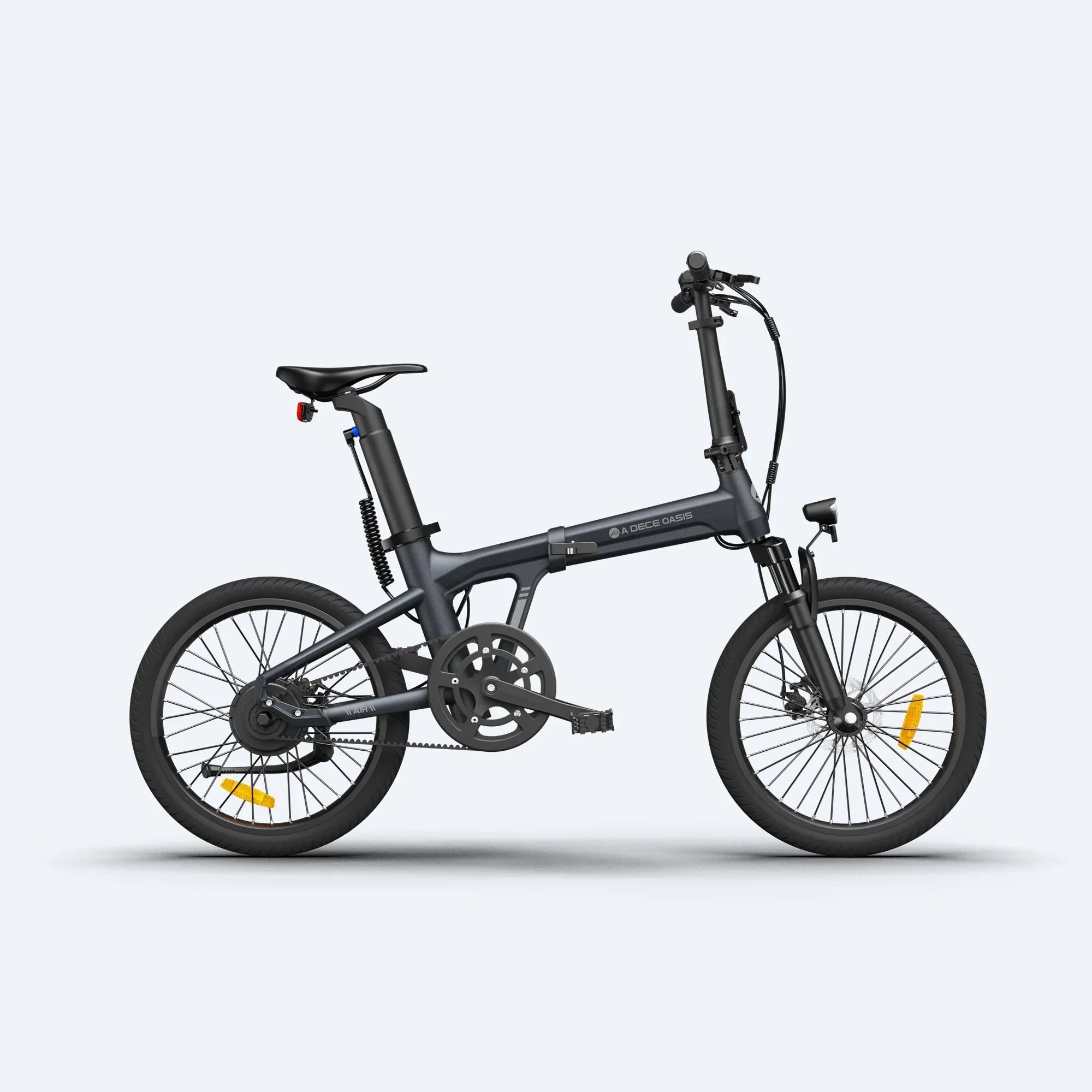 Foldable black electric bike A Dece Oasis with suspension and front headlight on a white background
