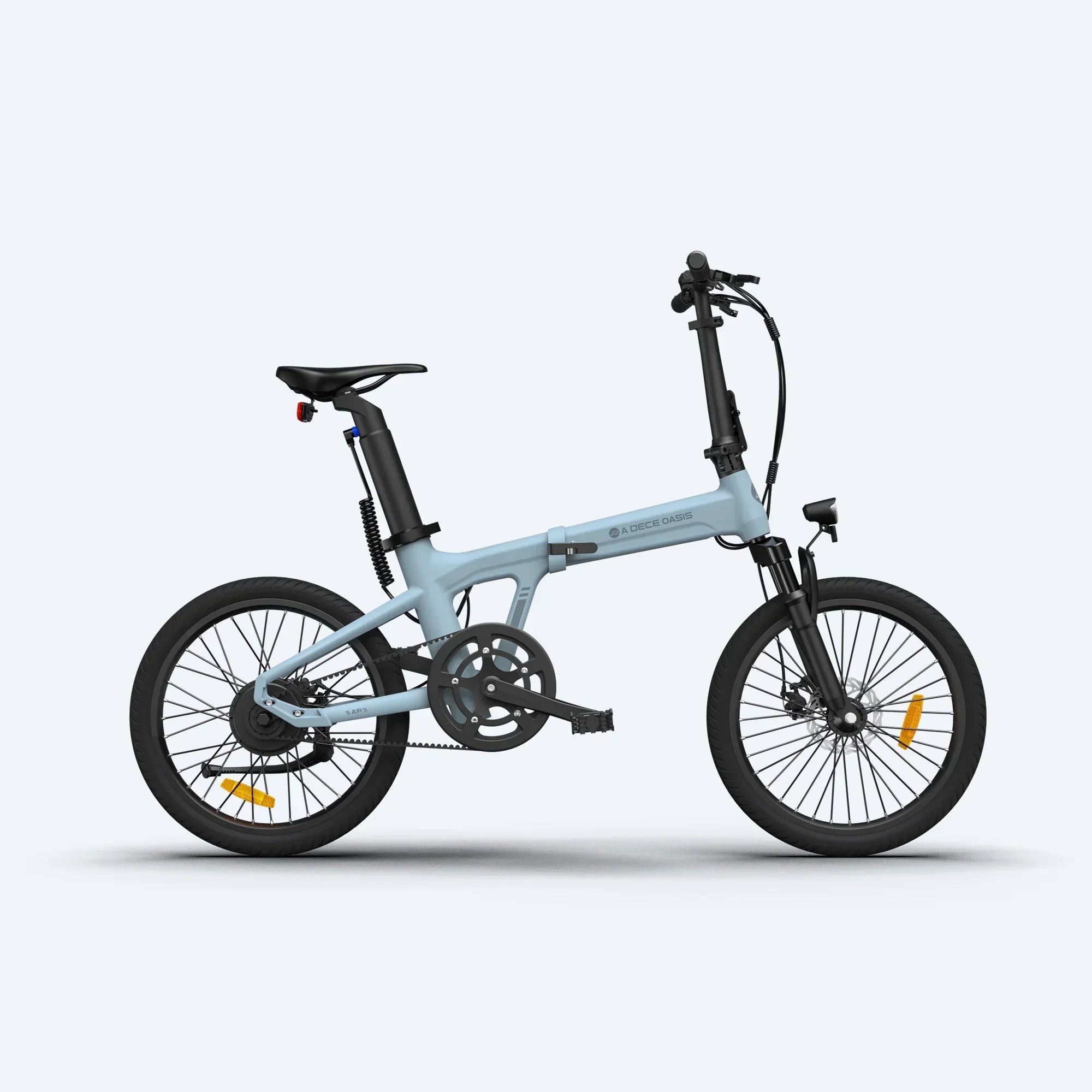Light blue foldable electric bike with black saddle and handlebars against white background