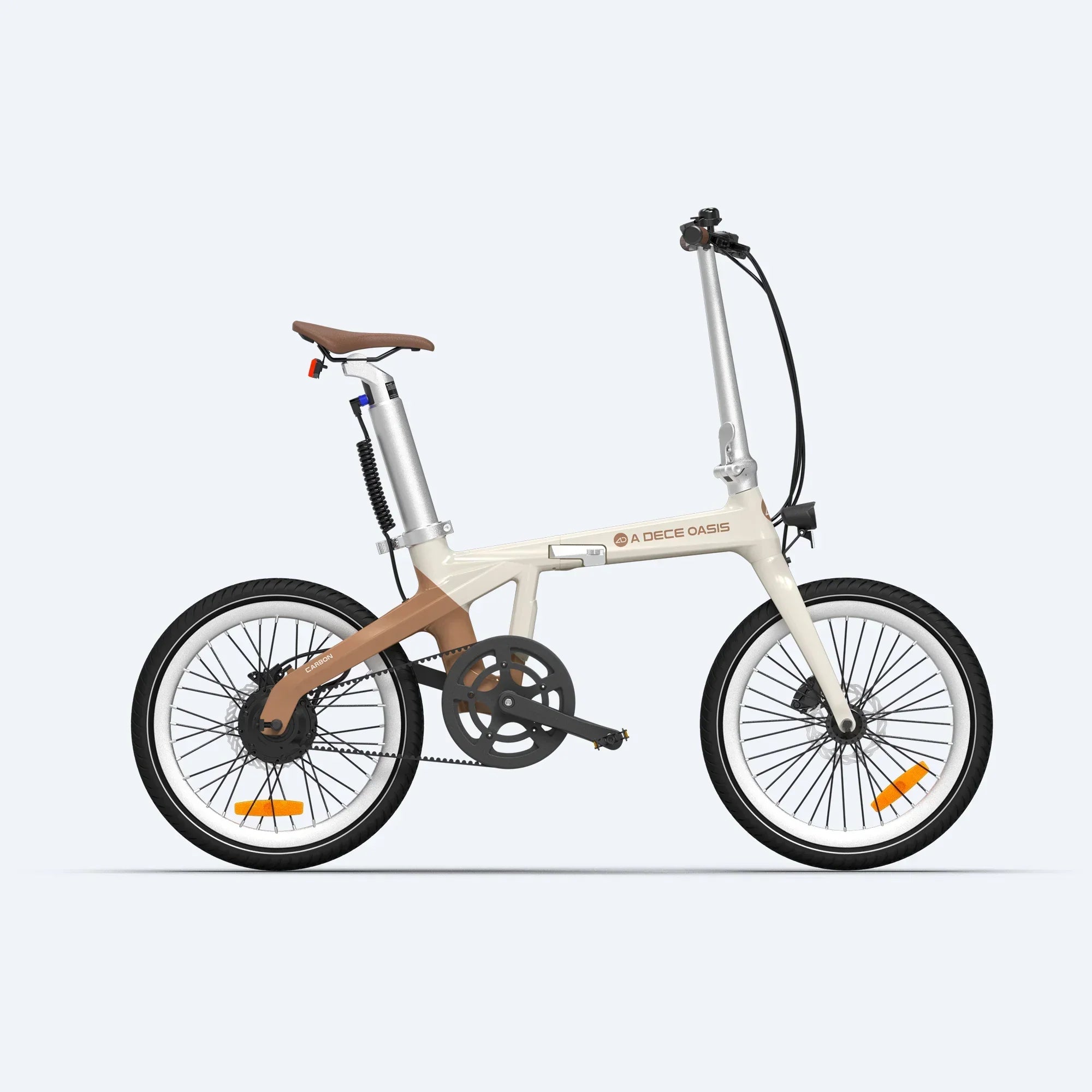 Side view of A Dece Oasis foldable electric bike with beige and brown frame and brown saddle