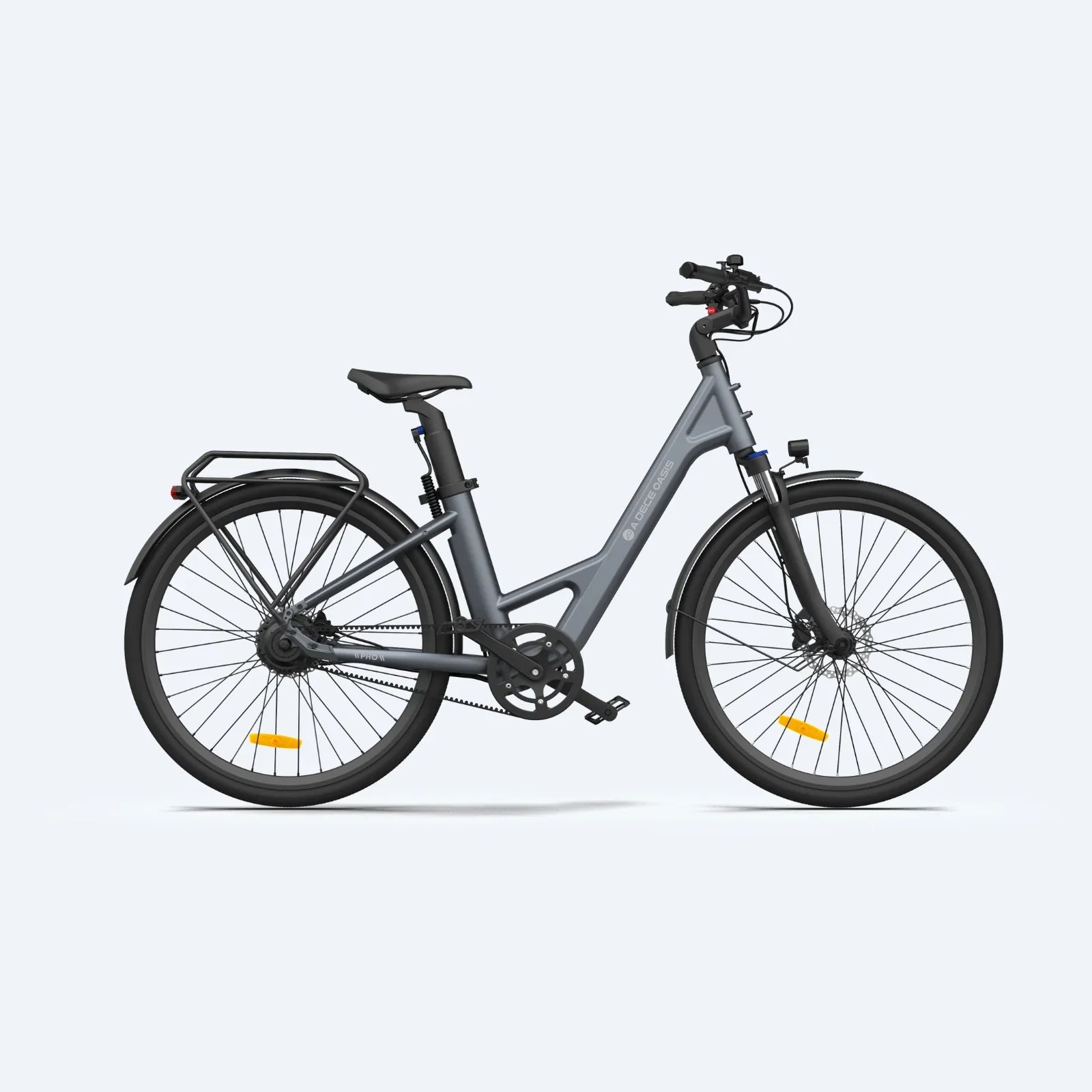 Matte gray electric commuter bike with step-through frame, rear rack, front suspension, and disc brakes