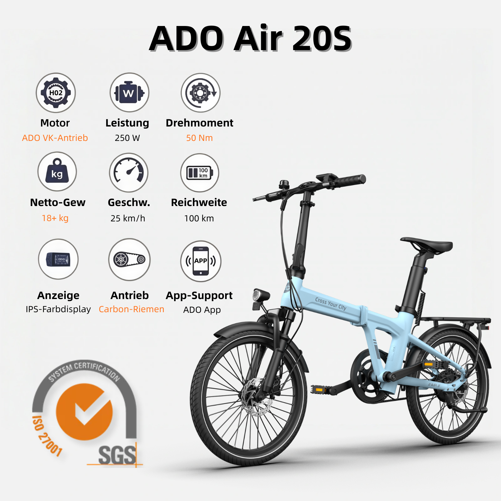 (Gratiszugabe: 69,99 €) ADO Air 20S (2026) E-Bike Klapprad, Elektrofahrrad mit Dämpfer