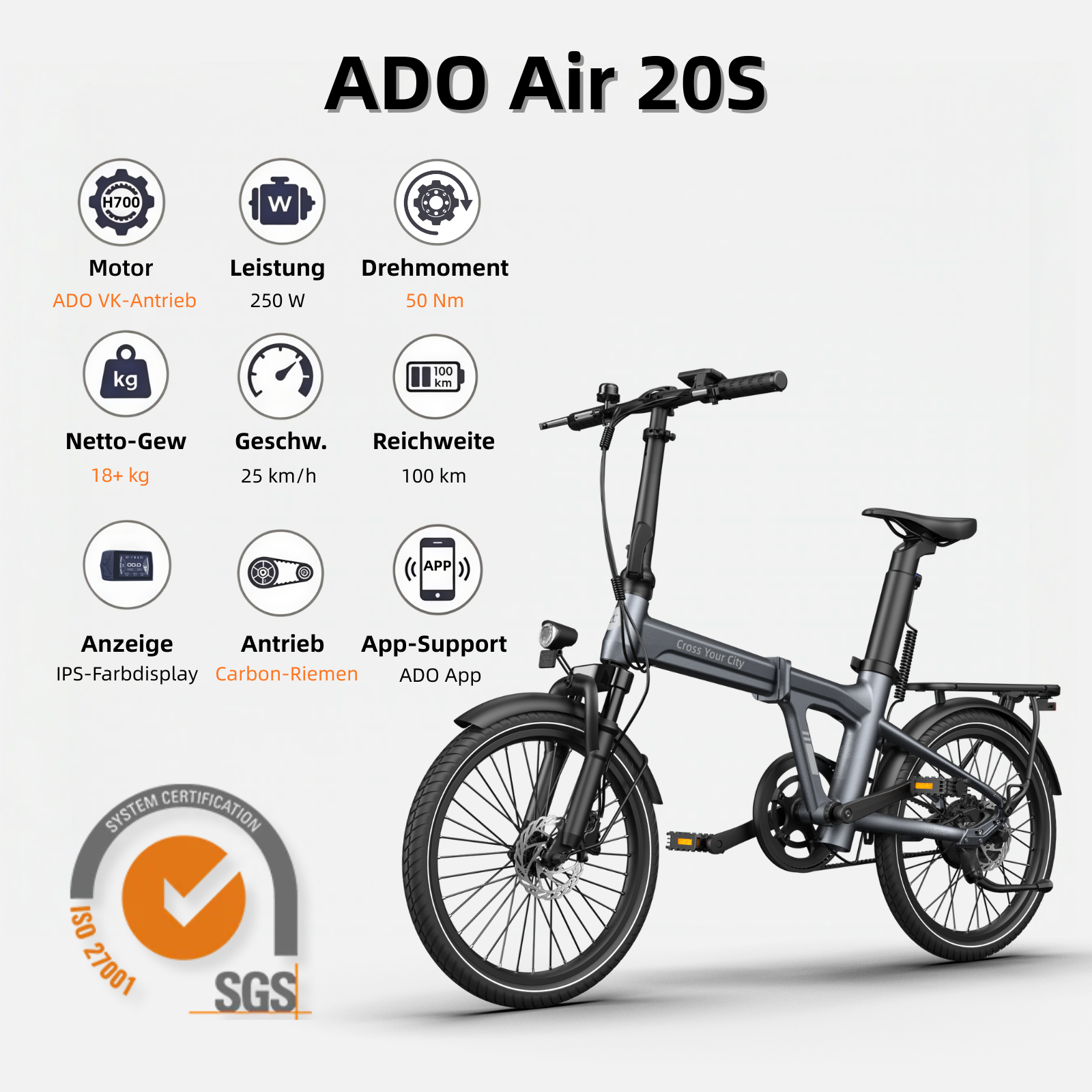 (Gratiszugabe: 69,99 €) ADO Air 20S (2026) E-Bike Klapprad, Elektrofahrrad mit Dämpfer