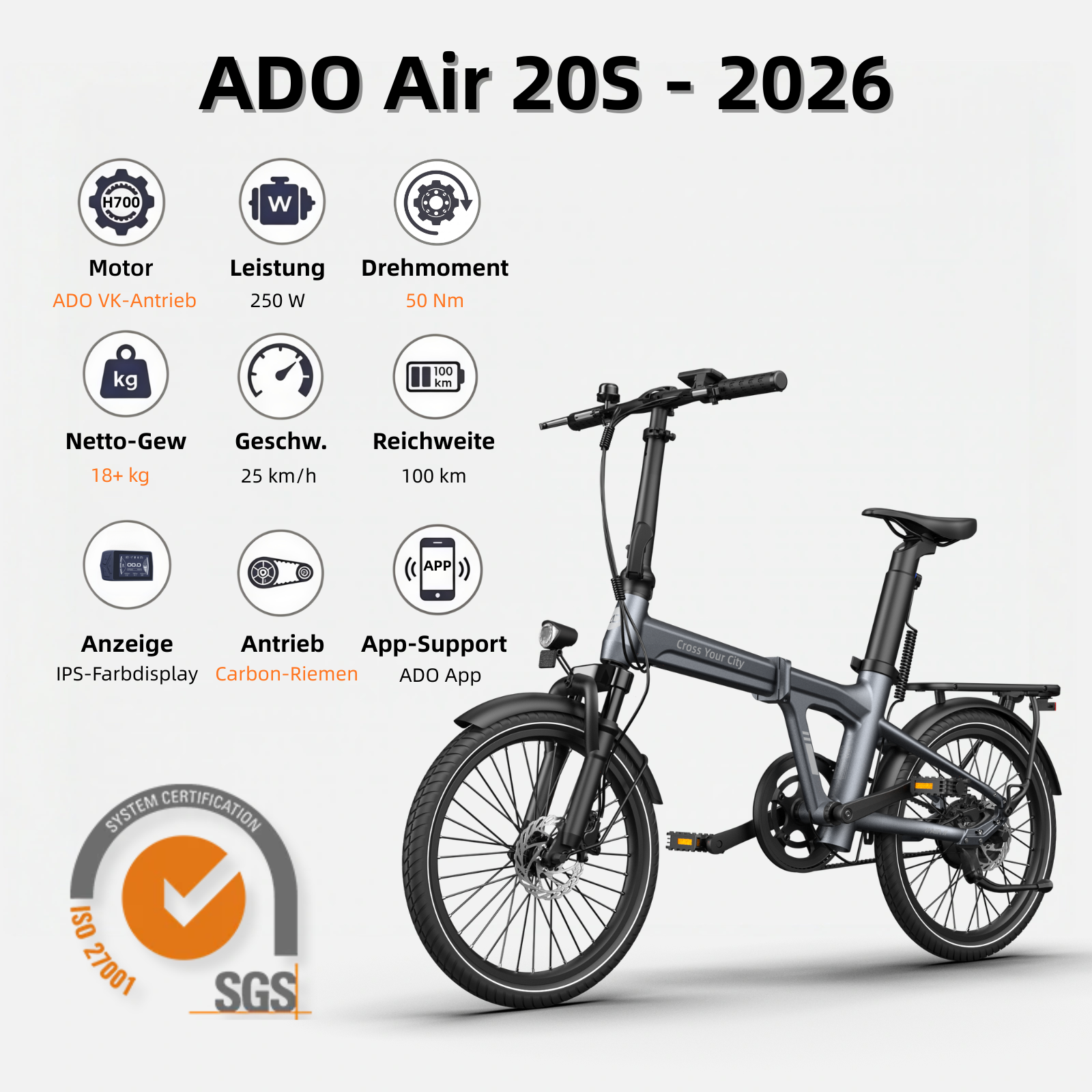 (Gratiszugabe: 69,99 €) ADO Air 20S (2026) E-Bike Klapprad, Elektrofahrrad mit Dämpfer
