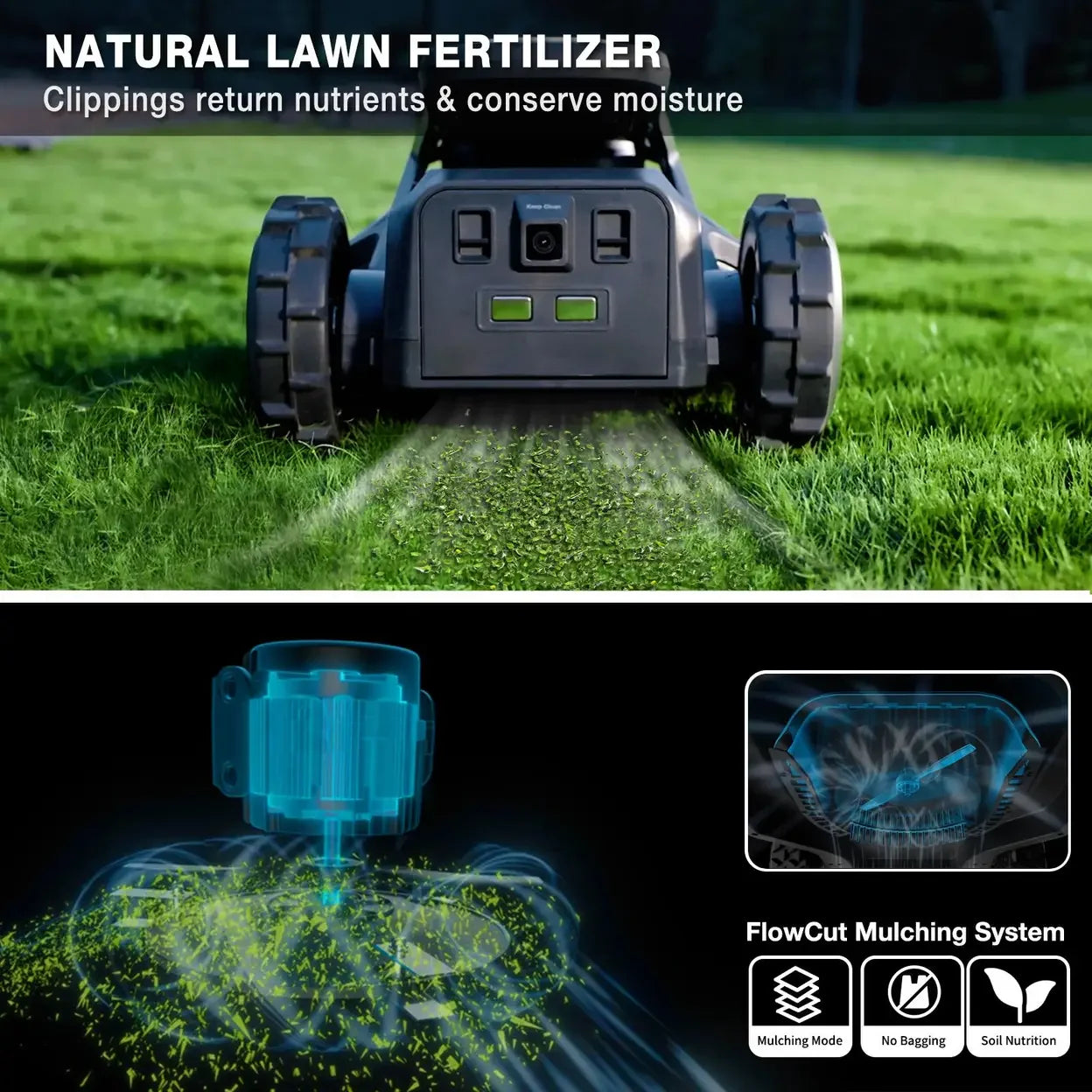 Robotic lawn mower in natural grass, showcasing mulching system and clippings returning nutrients