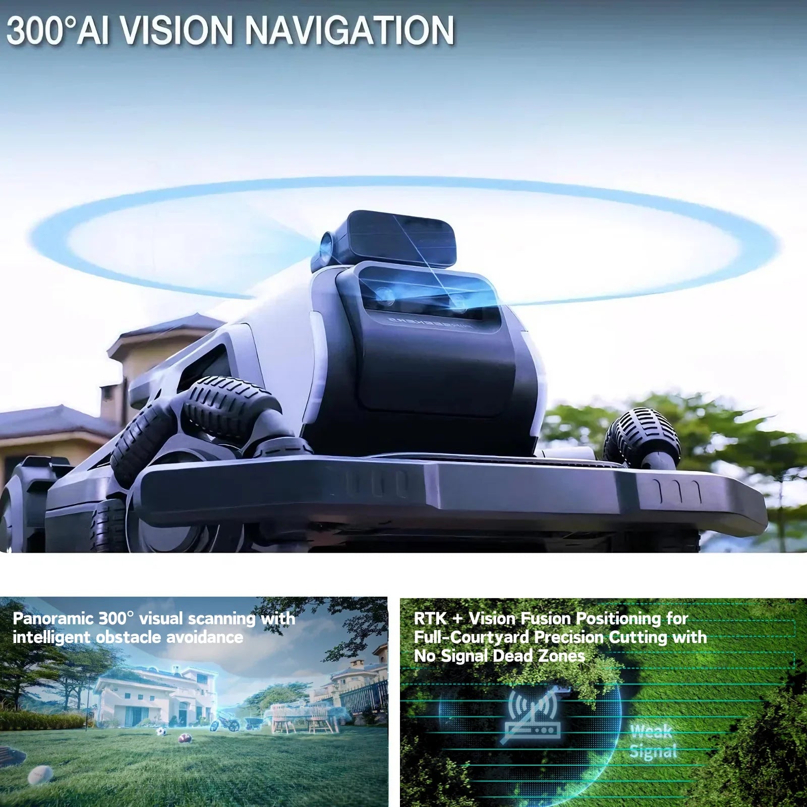 AI-powered robotic lawn mower with 300° vision navigation for obstacle avoidance and precision cutting