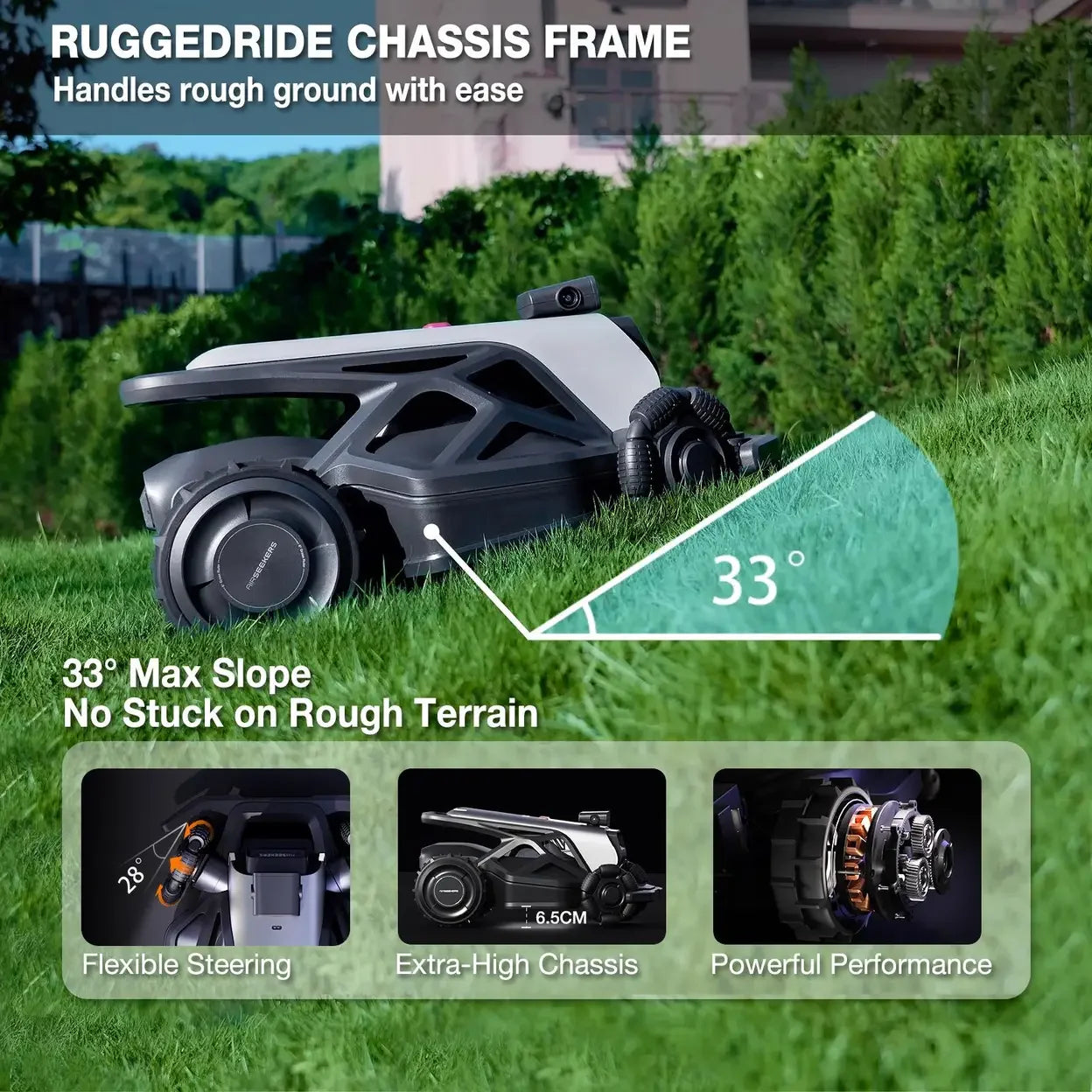 Black and white Airseekers robotic lawn mower on grassy slope with 33° max slope and flexible steering features