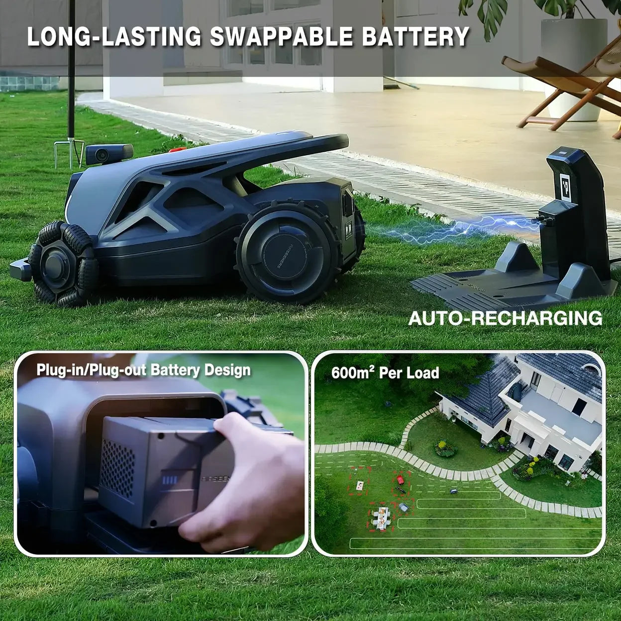 Black robotic lawn mower on grass auto-recharging with swappable battery and 600m² coverage