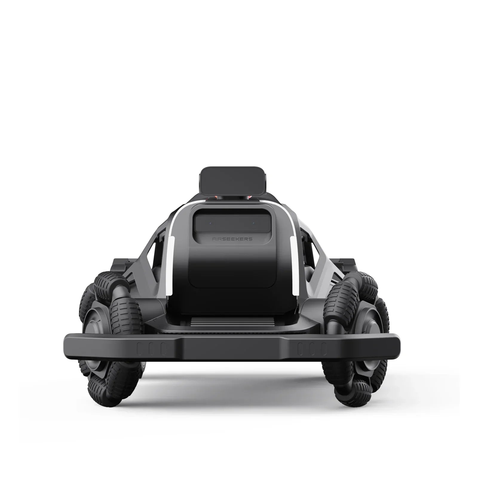 Front view of AIRSEEKERS robotic lawn mower with black and gray design and omni-directional wheels