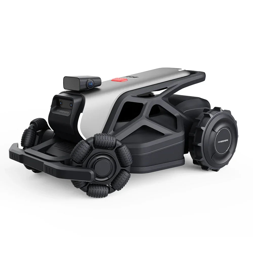 AIRSEEKERS robotic lawn mower with all-terrain wheels and black-gray design on white background