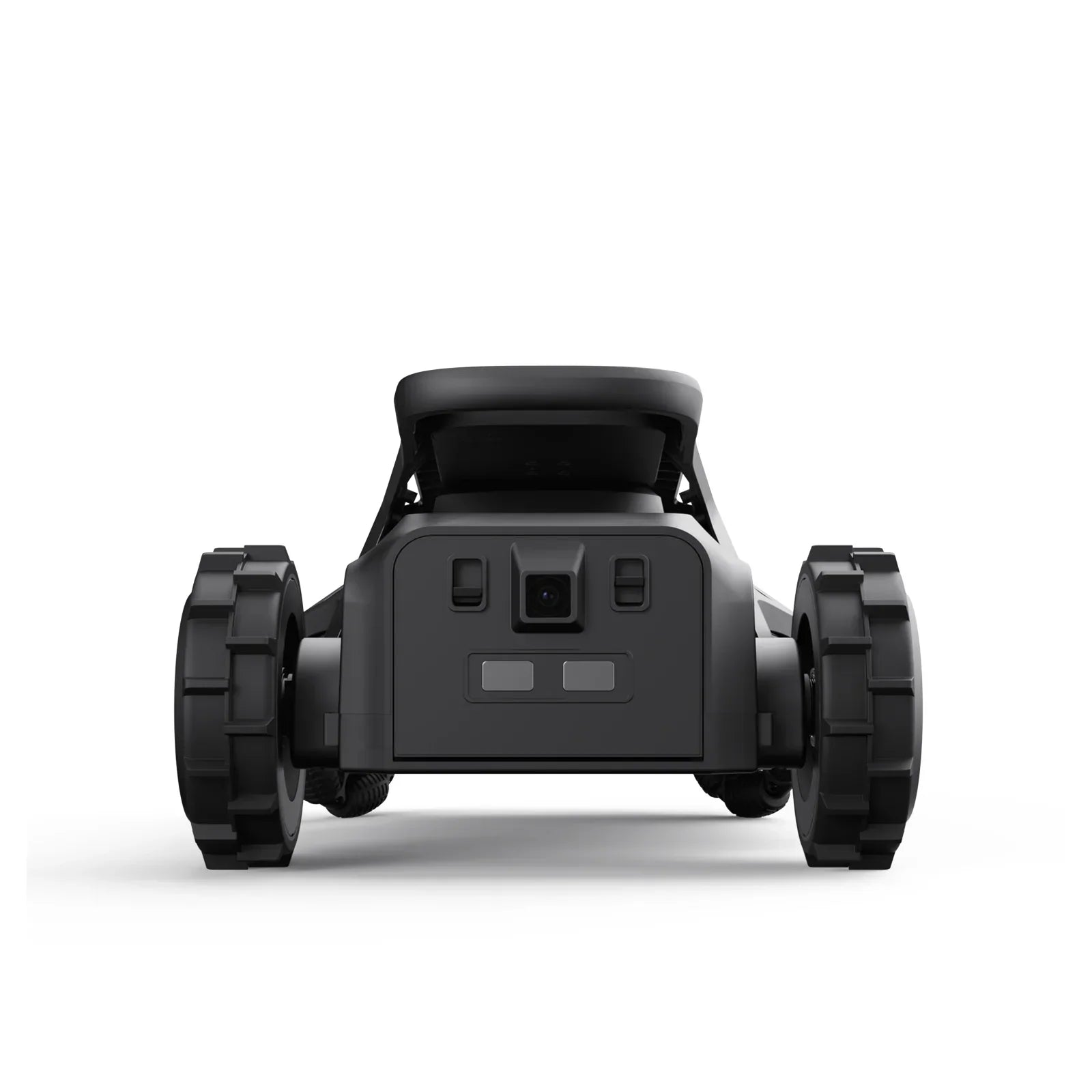 Front view of black robotic lawn mower with large wheels and sensor camera on white background