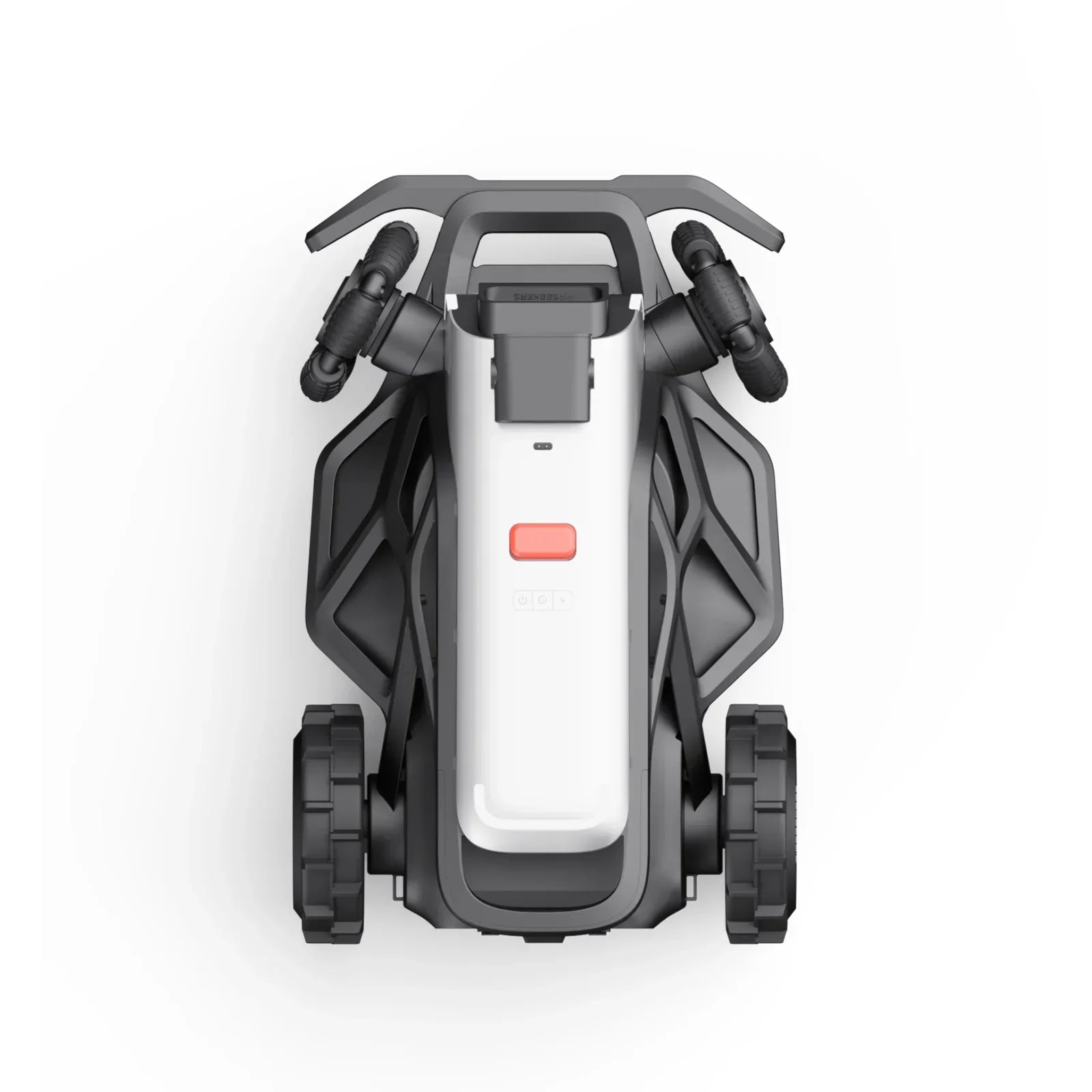 Top view of AIRSEEKERSTRON robotic lawn mower with rugged wheels and compact design