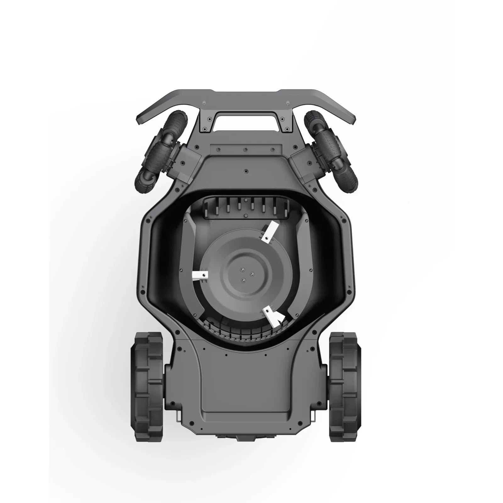 Top view of robotic lawn mower showing cutting blades, sturdy wheels, and black chassis