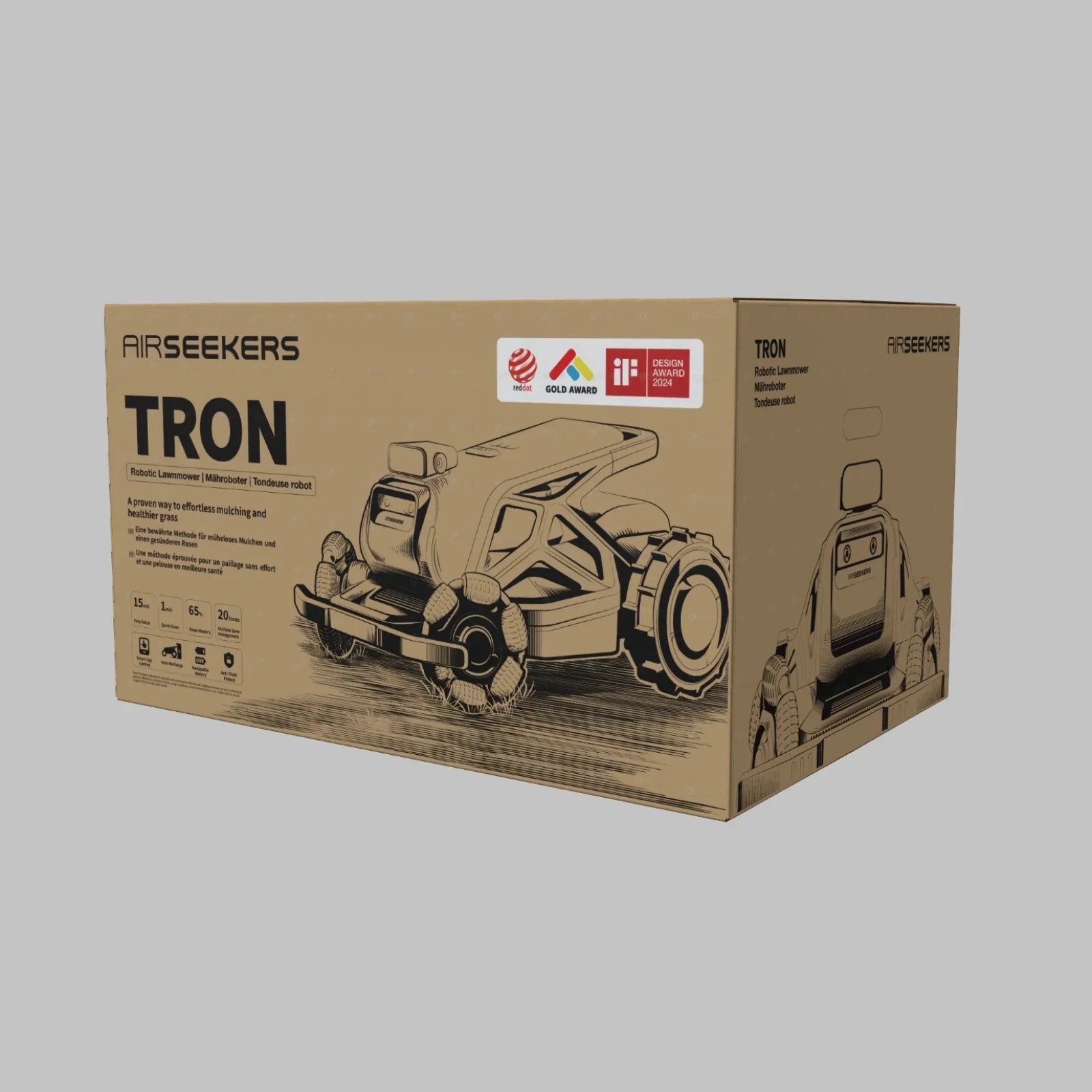 AIRSEEKERS TRON robotic lawnmower packaging with award logos and robot illustration