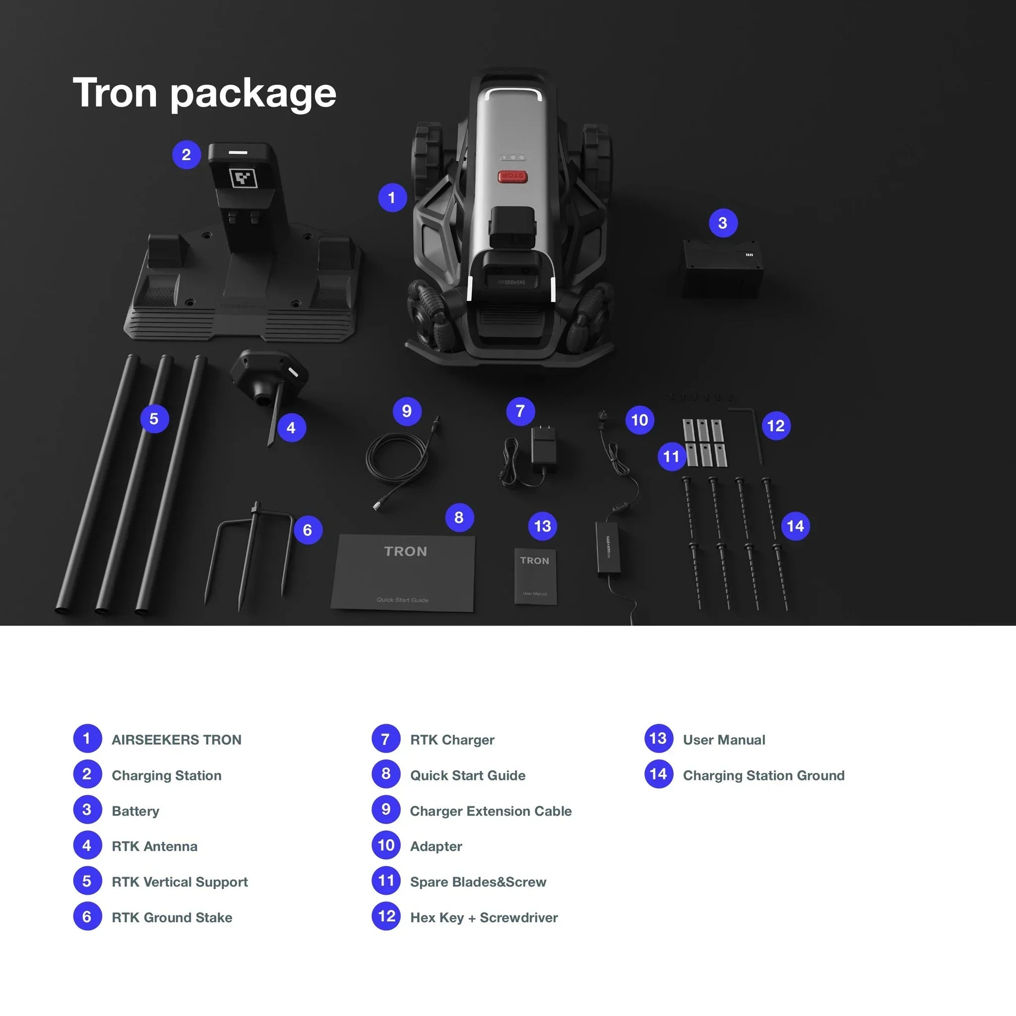 Airseekers Tron package with drone, charging station, battery, RTK antenna, support, guides, charger, and accessories on black background