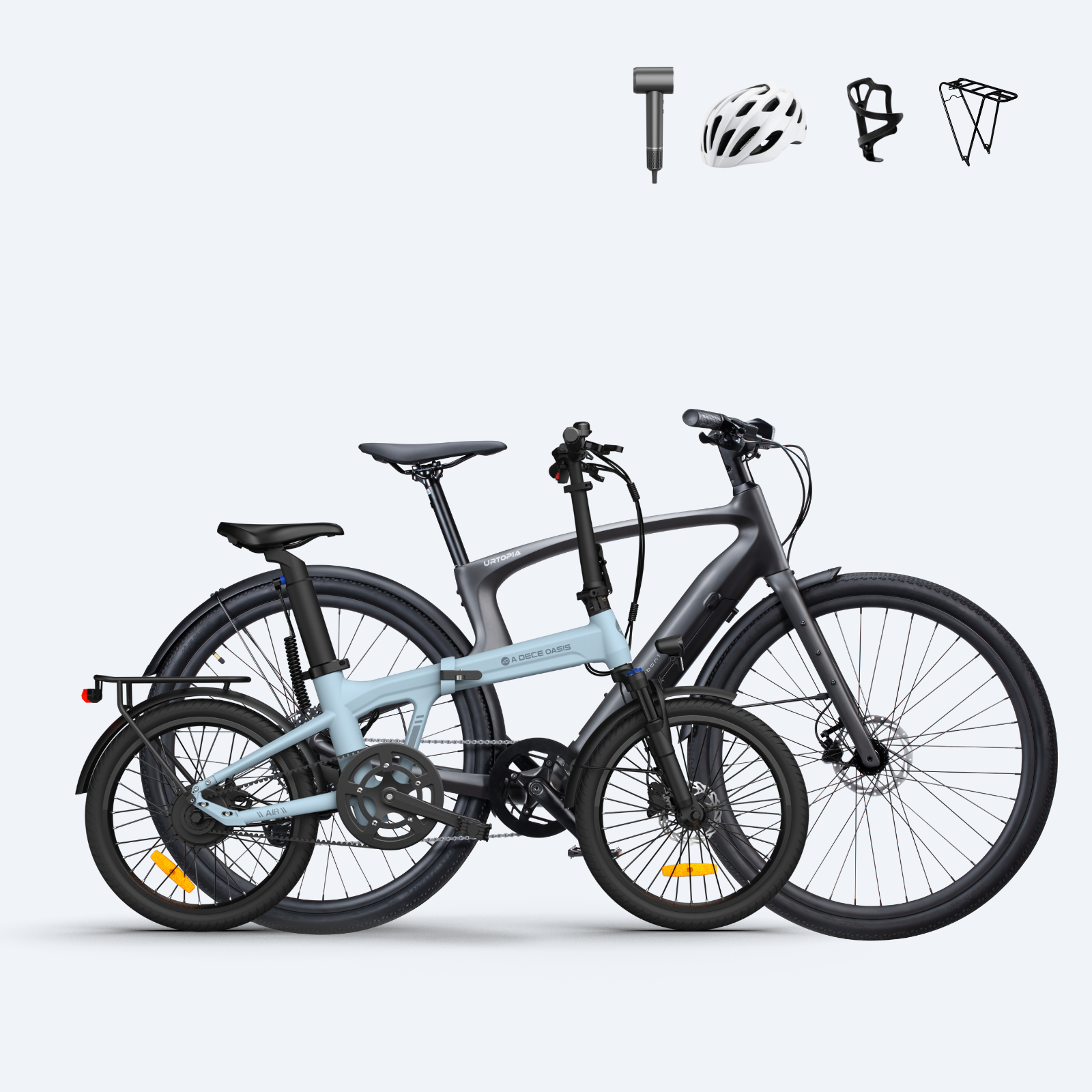 Gray and blue urban electric bikes with accessories: helmet, pump, bottle cage, rear rack on white background