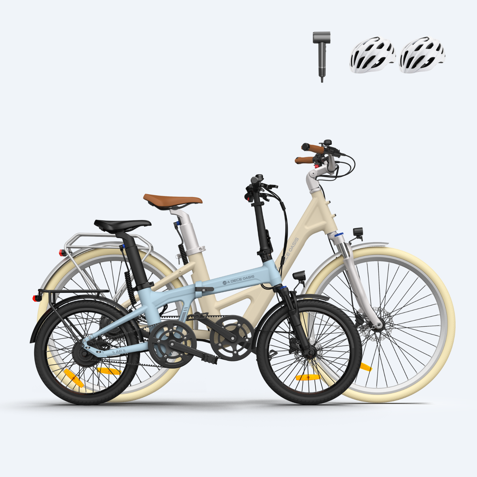 Folding electric bike and commuter e-bike with beige tires, included pump and two white bike helmets