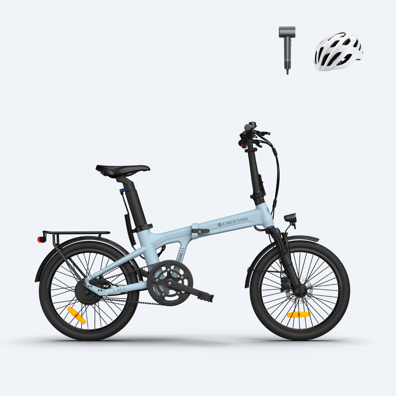 Light blue folding electric bike with black saddle, fenders, and rear rack, shown with white helmet and portable pump