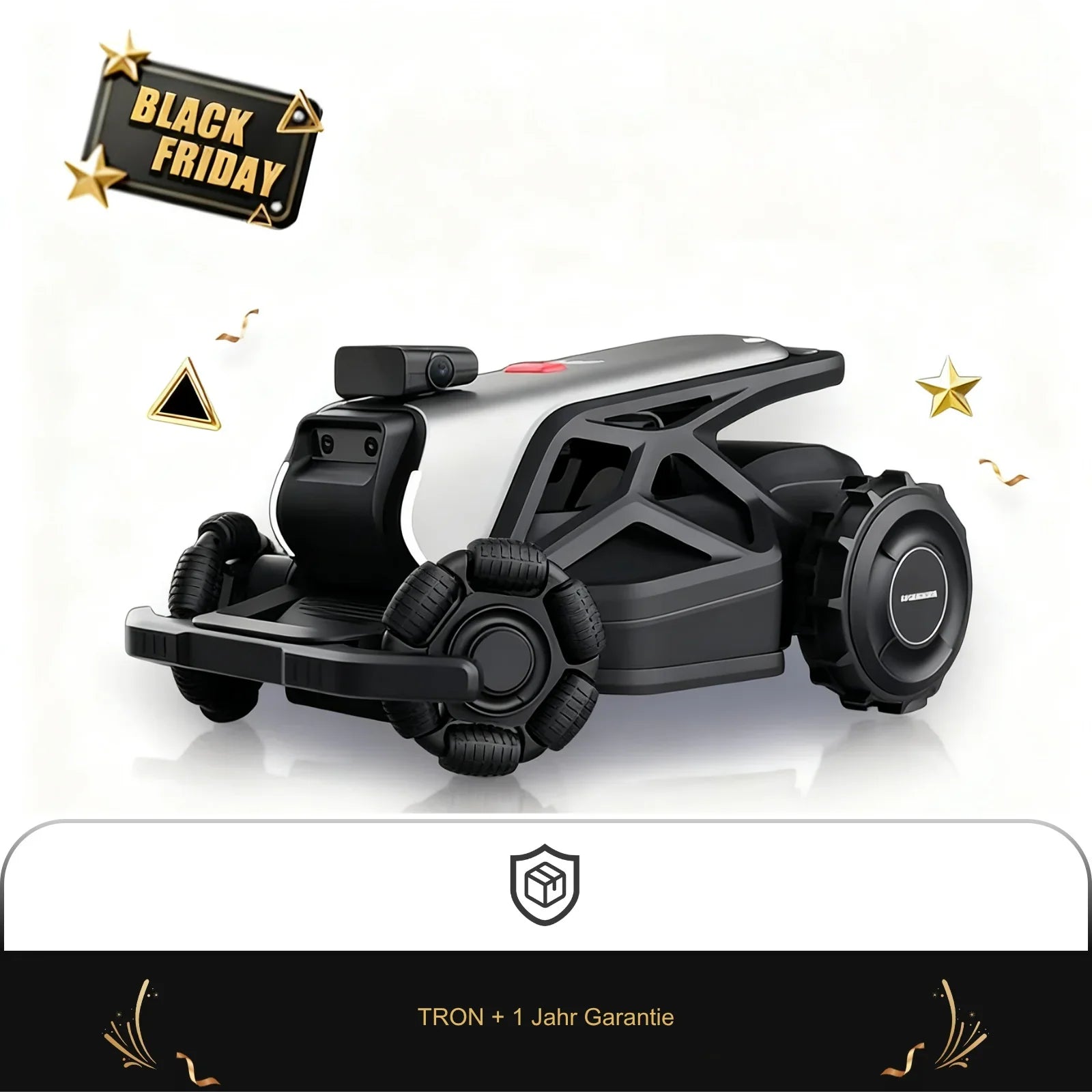 Black and white Airseekers remote-controlled robot car with omnidirectional wheels and Black Friday sign