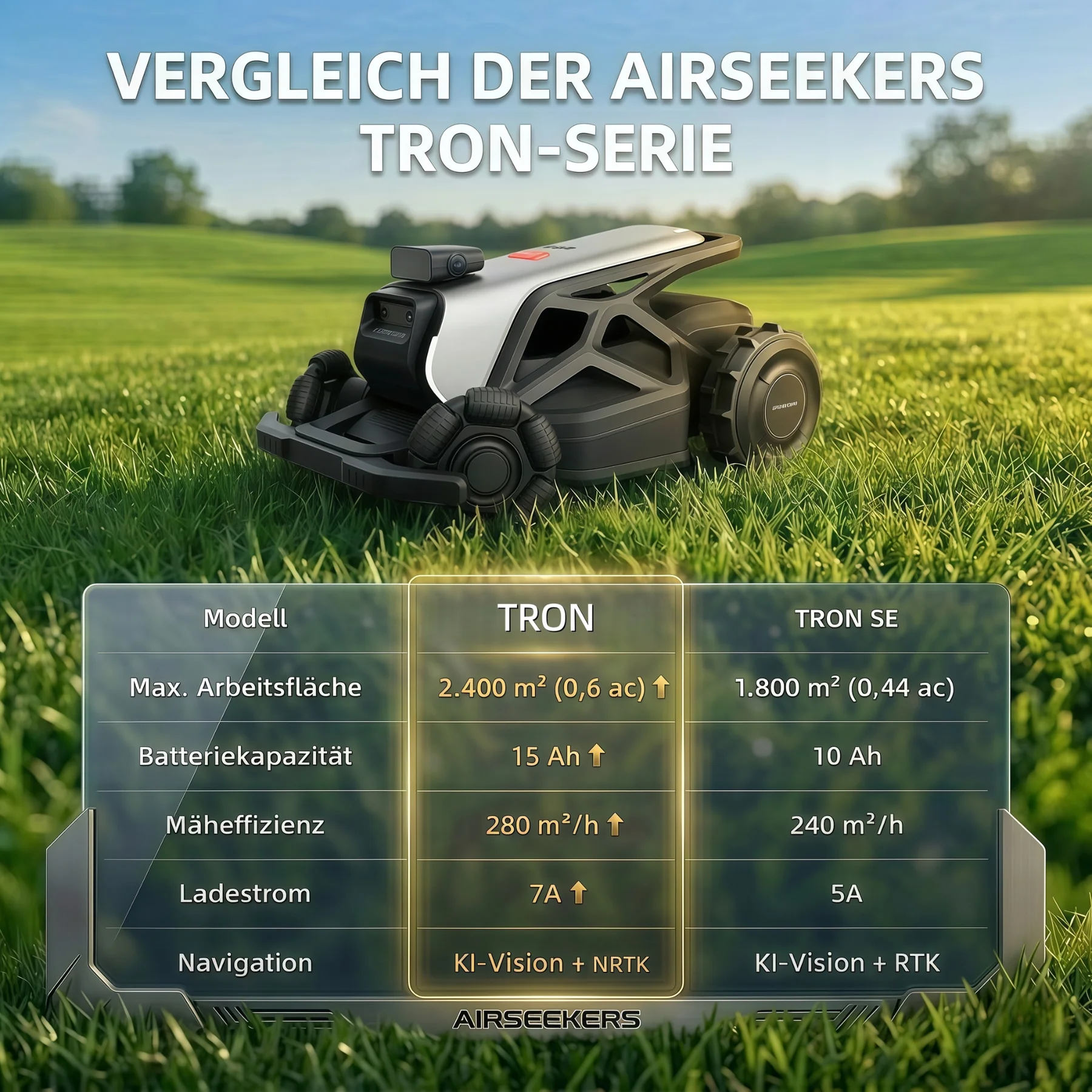 AIRSEEKERS TRON Standard – 15 Ah Akku, 2400 m² Mähroboter mit Schnellladung
