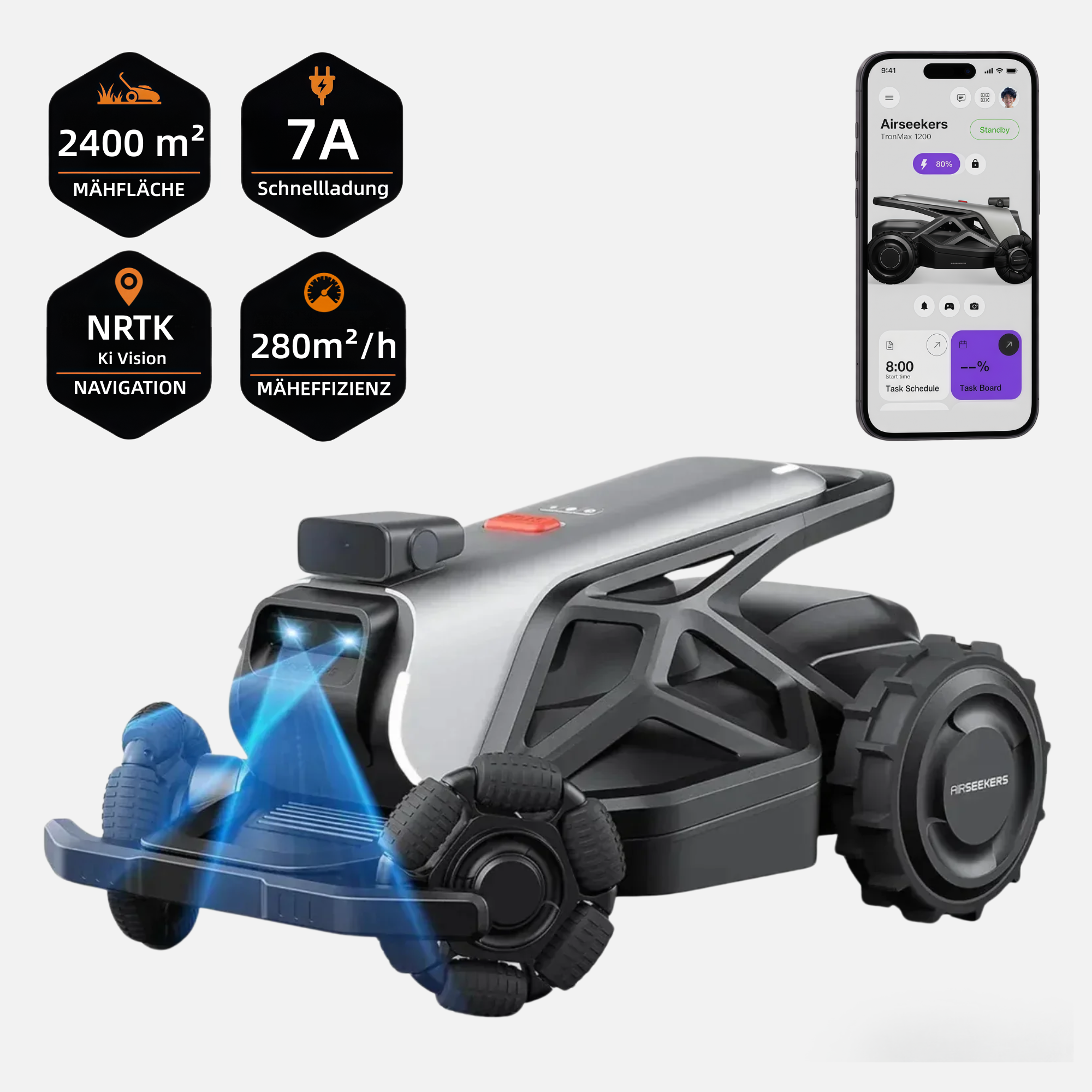AIRSEEKERS TRON Standard – 15 Ah Akku, 2400 m² Mähroboter mit Schnellladung