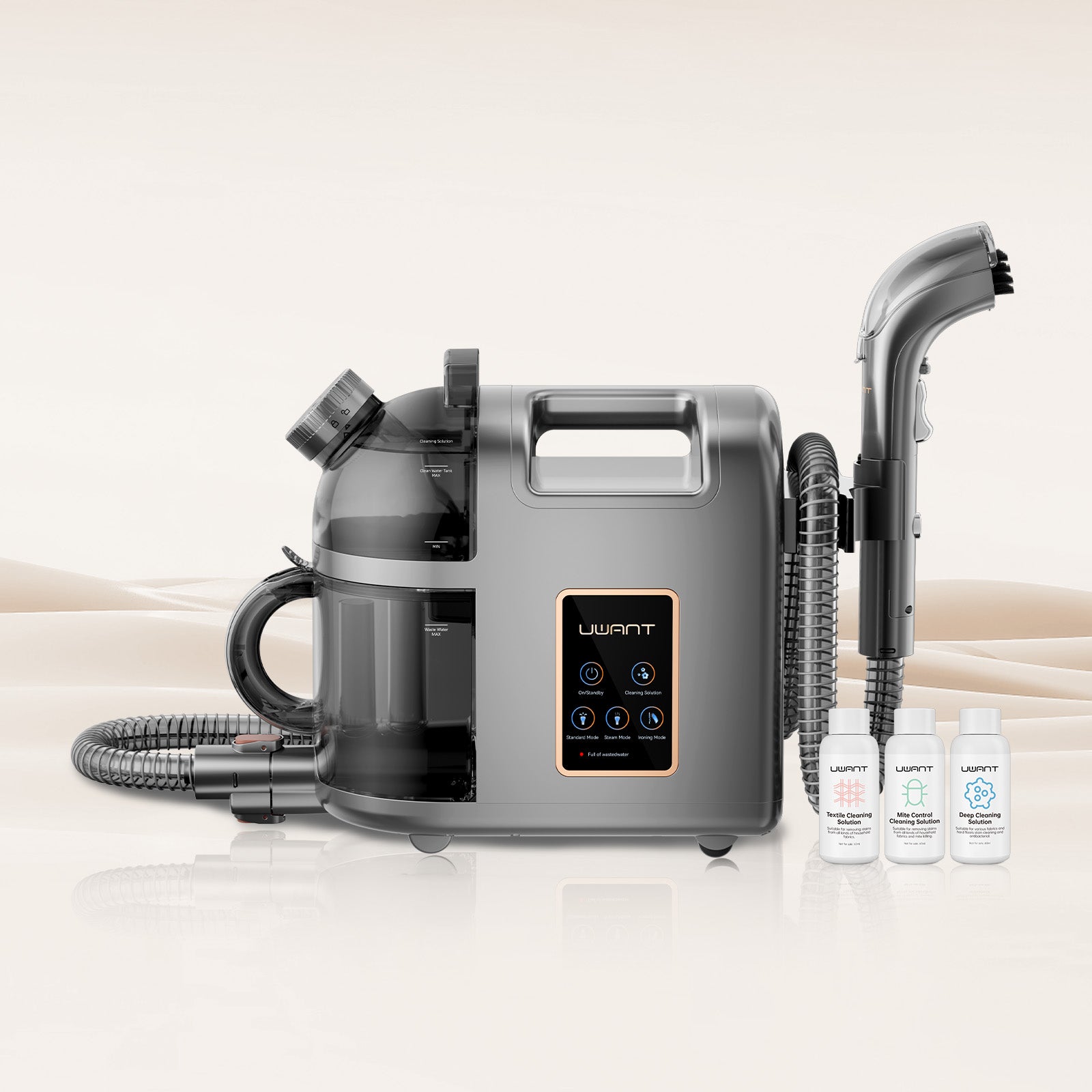 UWANT portable steam cleaner with hose, handheld nozzle, and three cleaning solution bottles on beige background