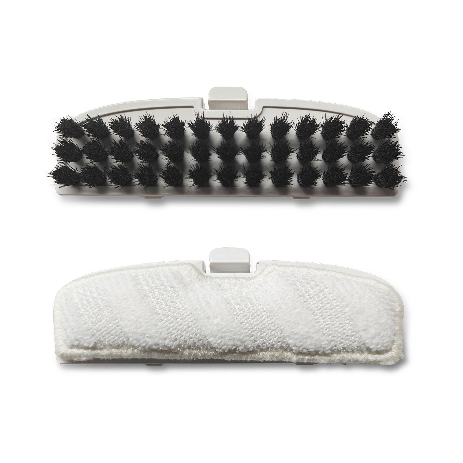 Replacement cleaning brush and microfiber pad set with black bristles and white textured cloth