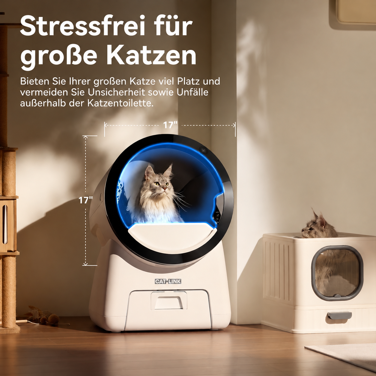 CATLINK Scoop Robot C07 mit Größenvergleich am Katzentoiletten-Eingang