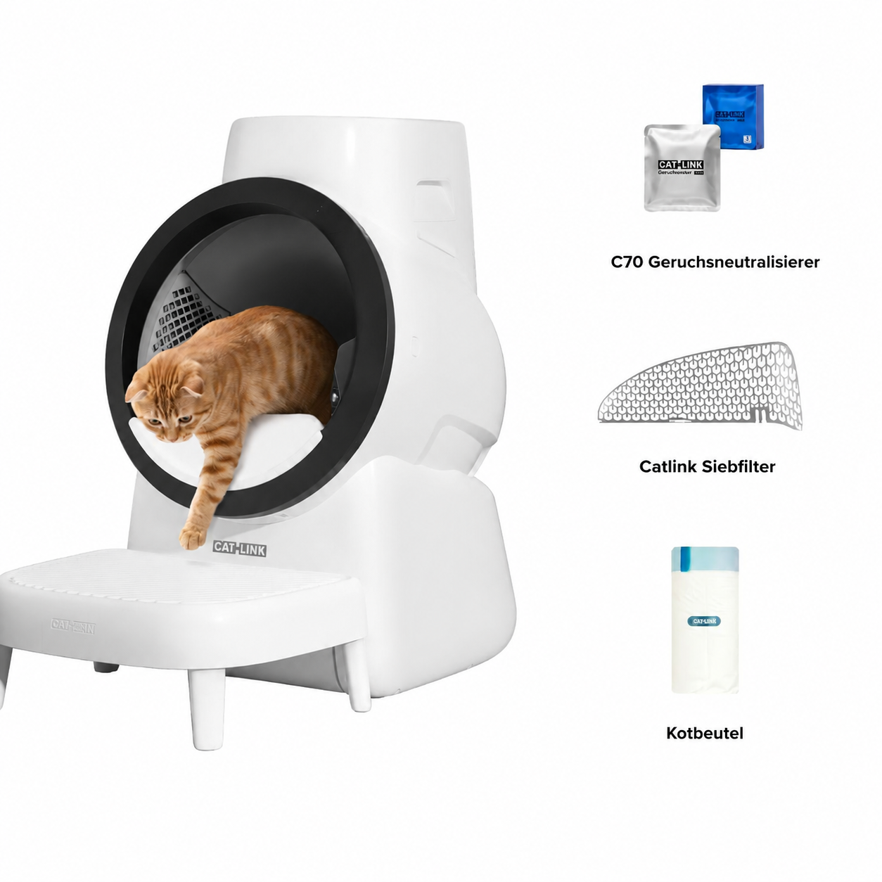 CATLINK Scoop Robot C07 mit orangefarbener Katze am Eingang und Zubehör mit C70-Geruchsneutralisierer, Siebfilter und Abfallbeuteln