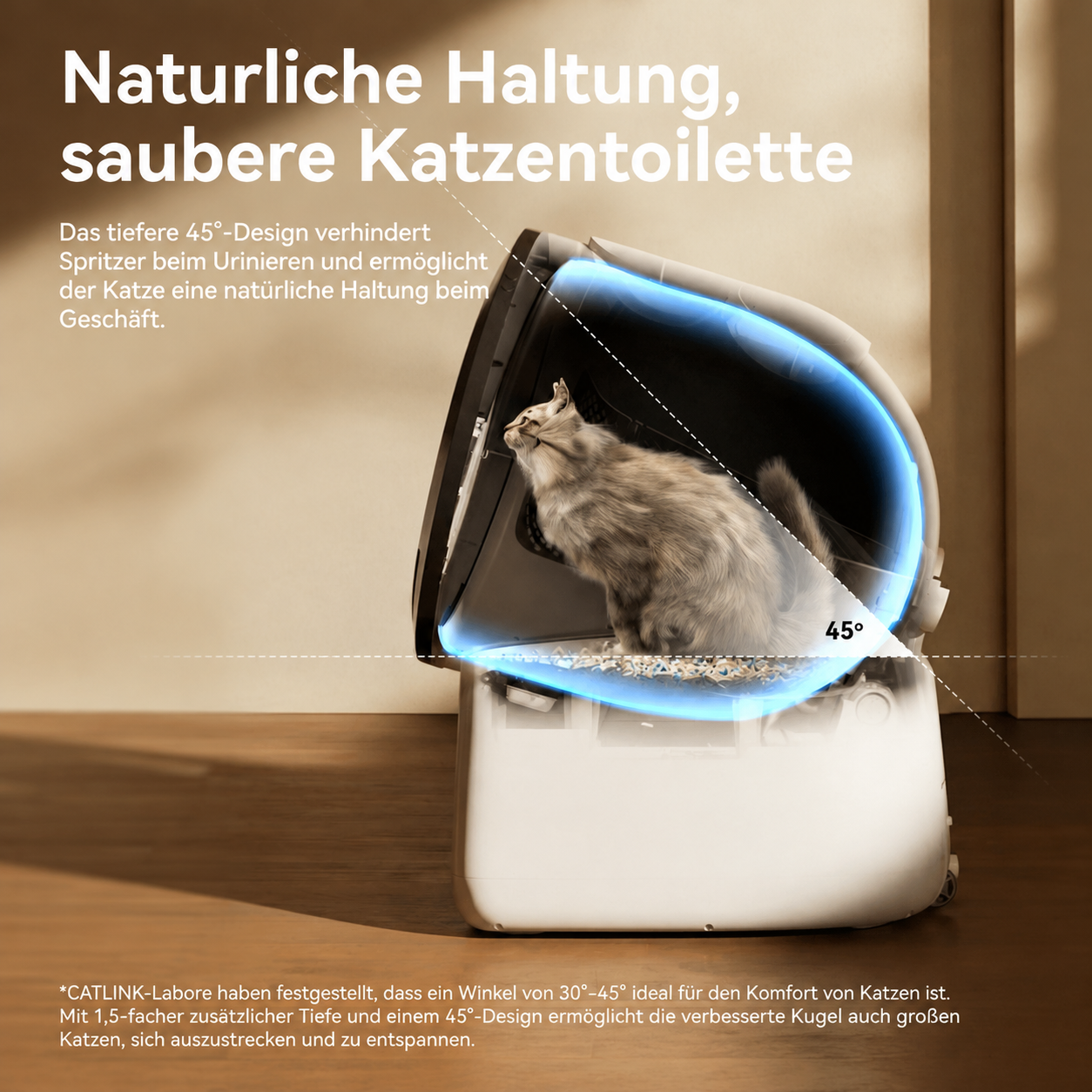 Schnittansicht des CATLINK Scoop Robot C07 mit Katze in der geneigten Trommel