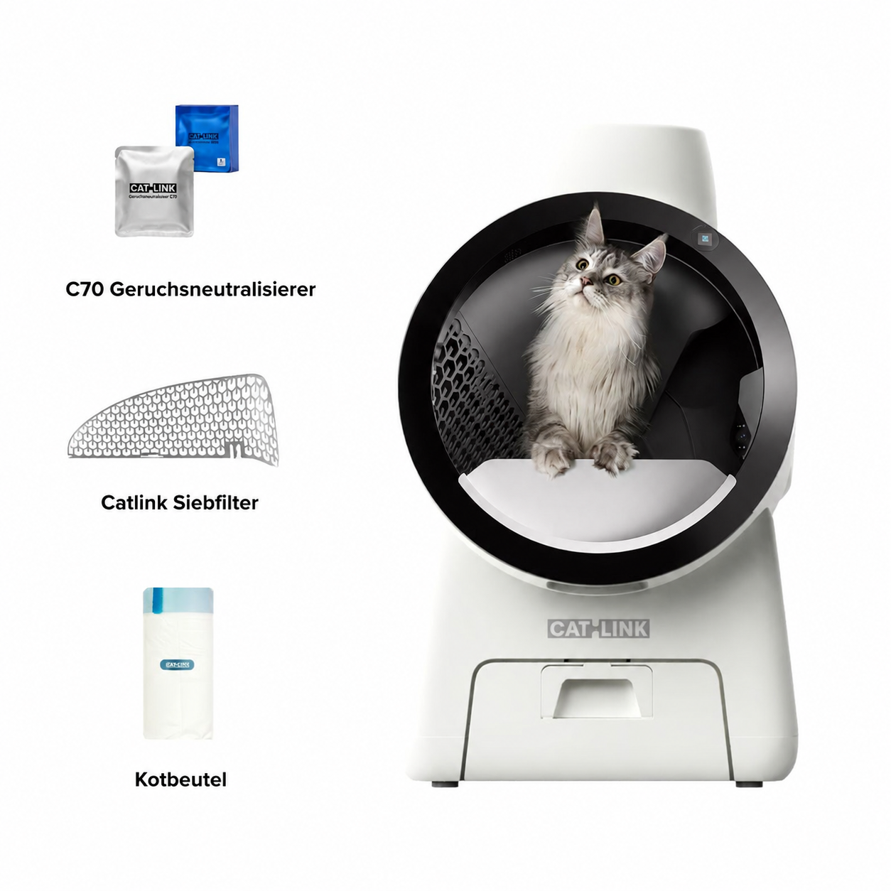 CATLINK Scoop Robot C07 mit Katze, Siebfiltern, C70-Geruchsneutralisierer und Abfallbeuteln