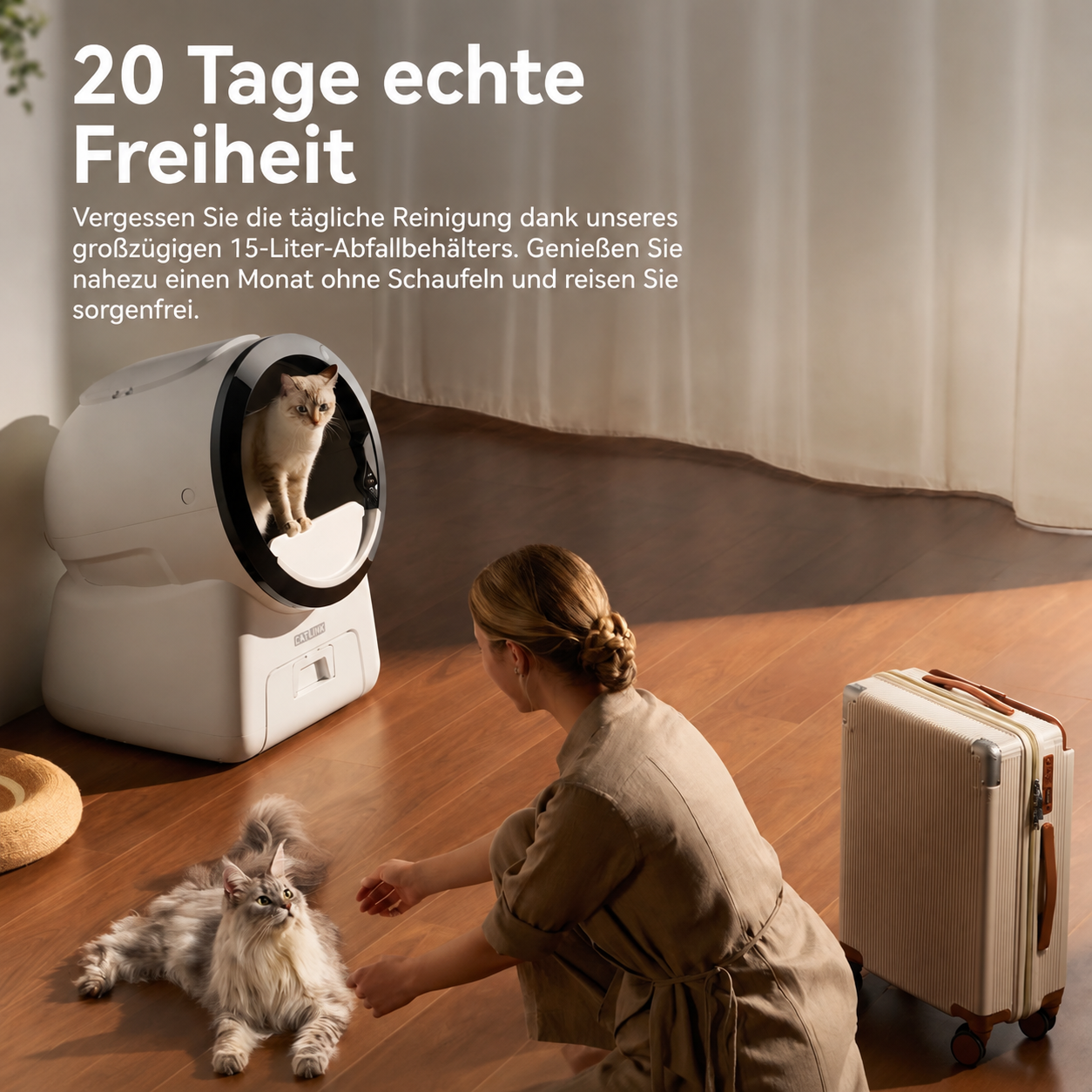 CATLINK Scoop Robot C07 mit Katze, Besitzerin und Reisekoffer – 15-Liter-Abfallbehälter für bis zu 20 Tage