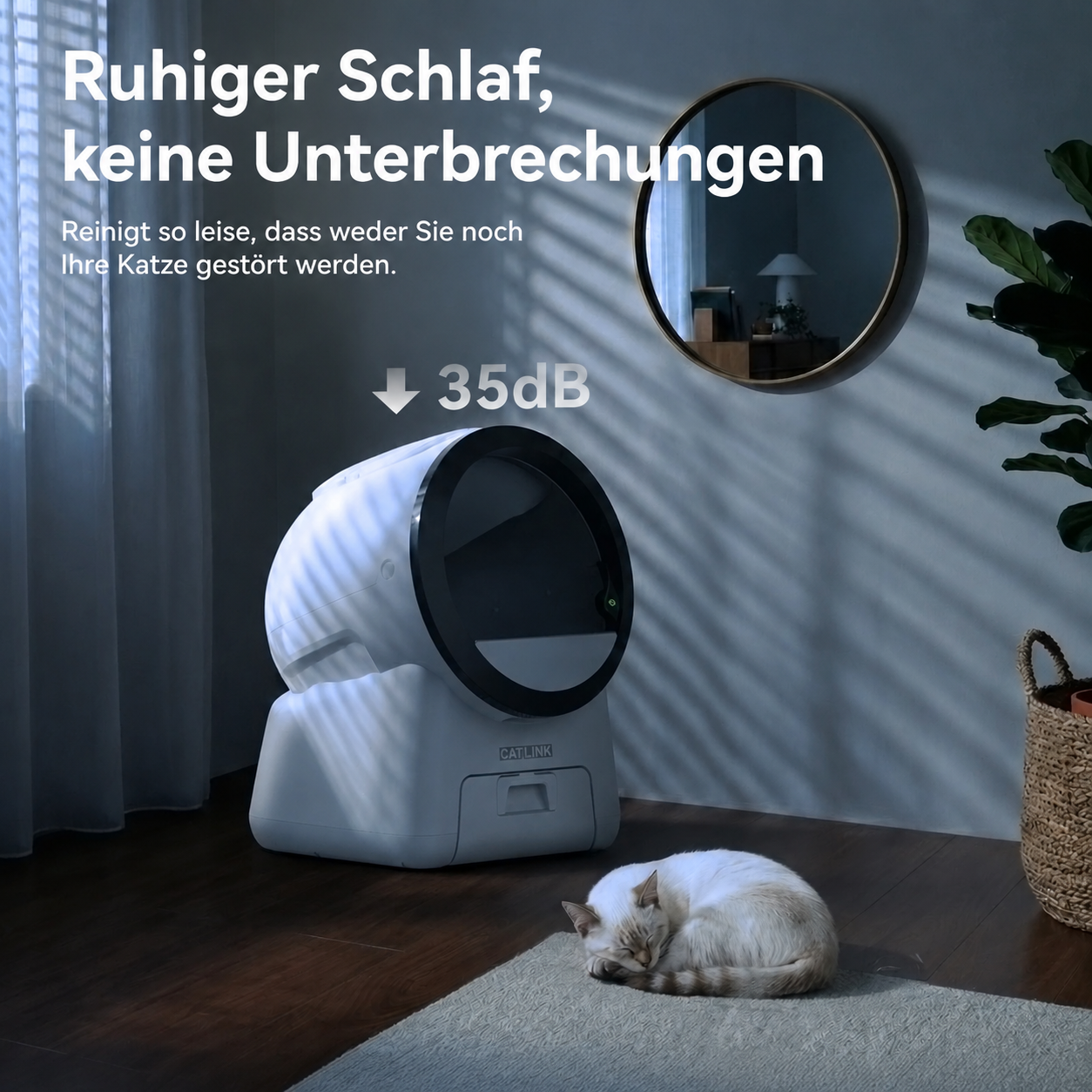 CATLINK Scoop Robot C07 mit ruhender Katze bei Nacht und einer Geräuschangabe von 35 dB