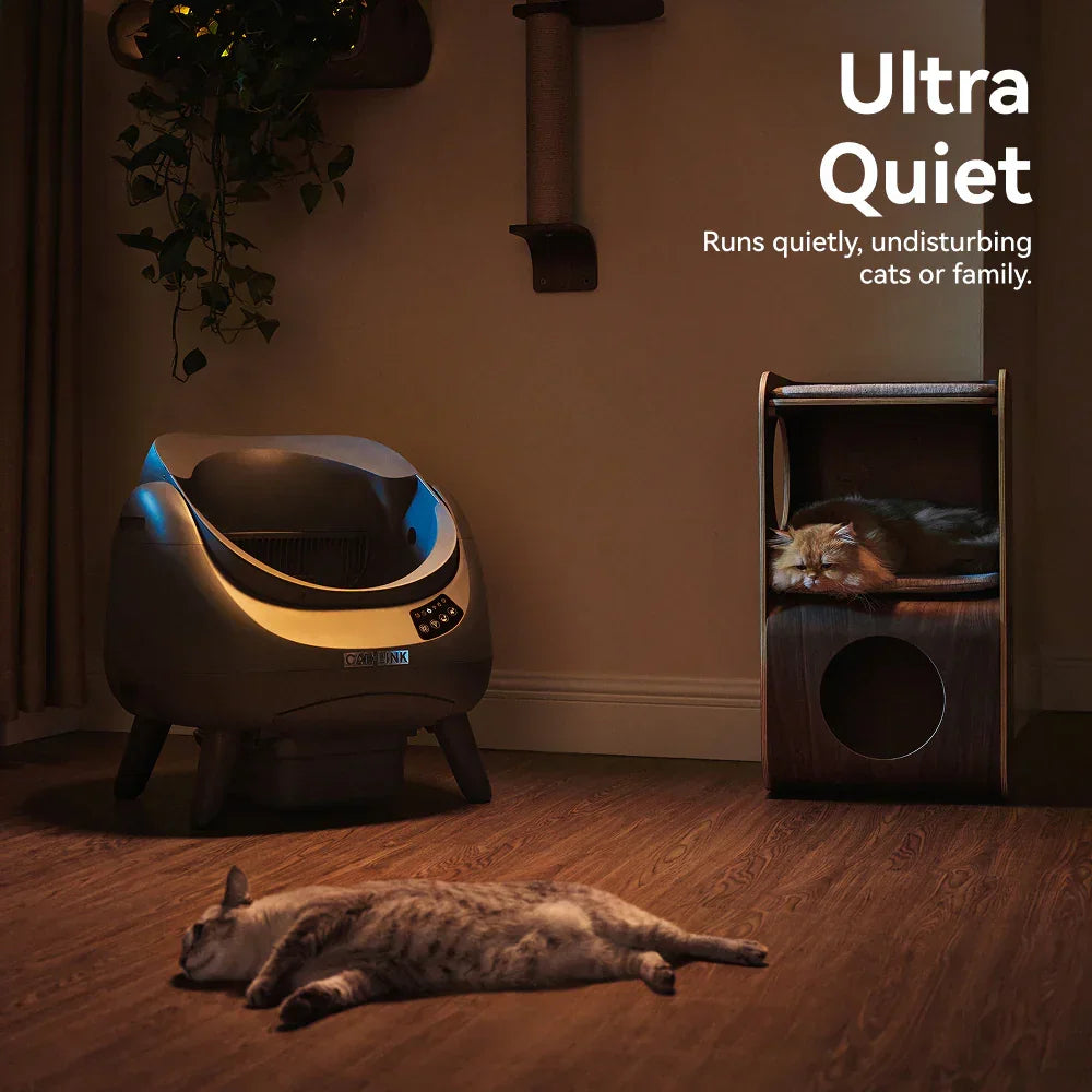 Modern automatic cat litter box in living room with two relaxed cats, highlighting ultra quiet operation