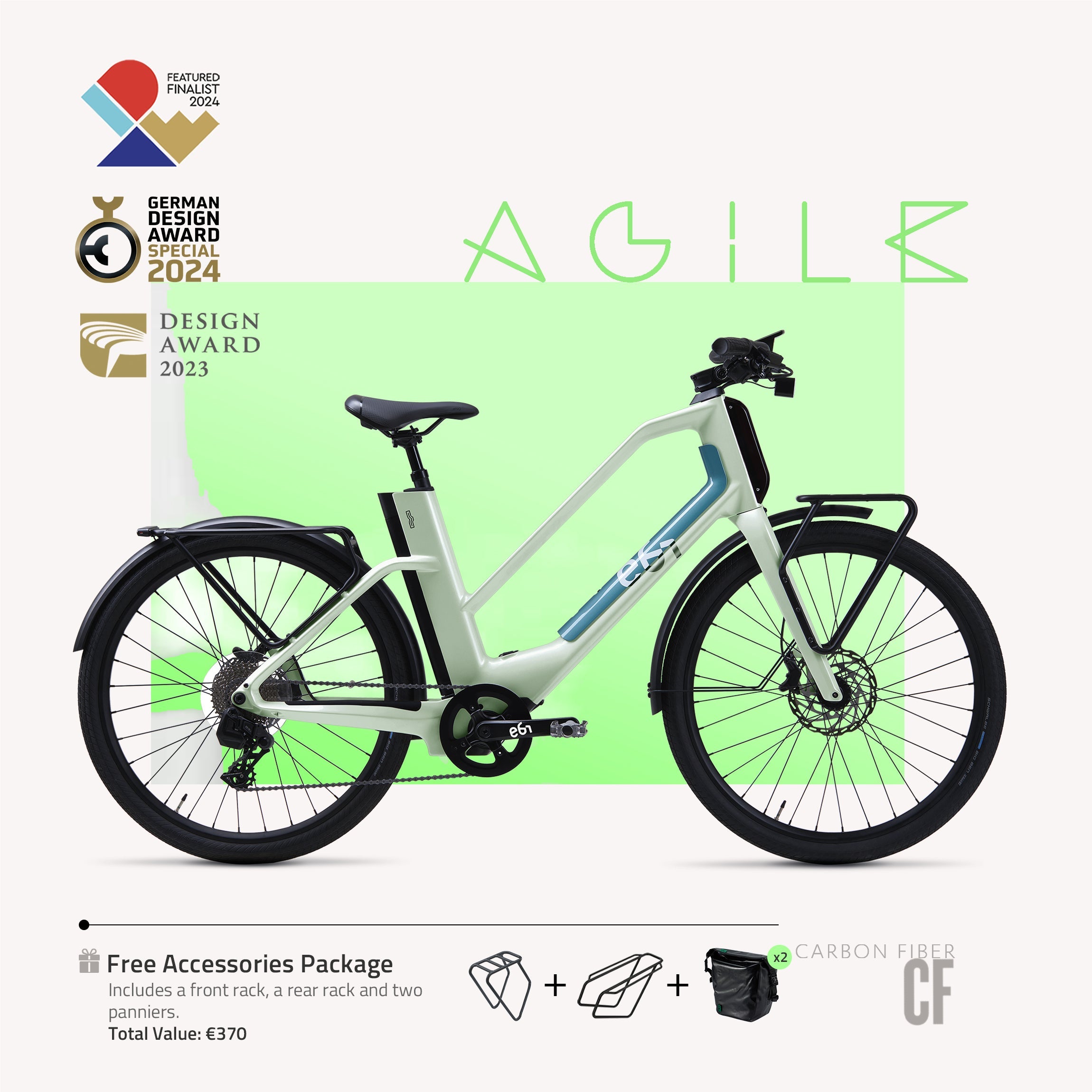 Tiefeinsteiger / Hellgrün EBI AGILE Urban Carbon E-Bike – 18 kg, 70 Nm & 12-Gang