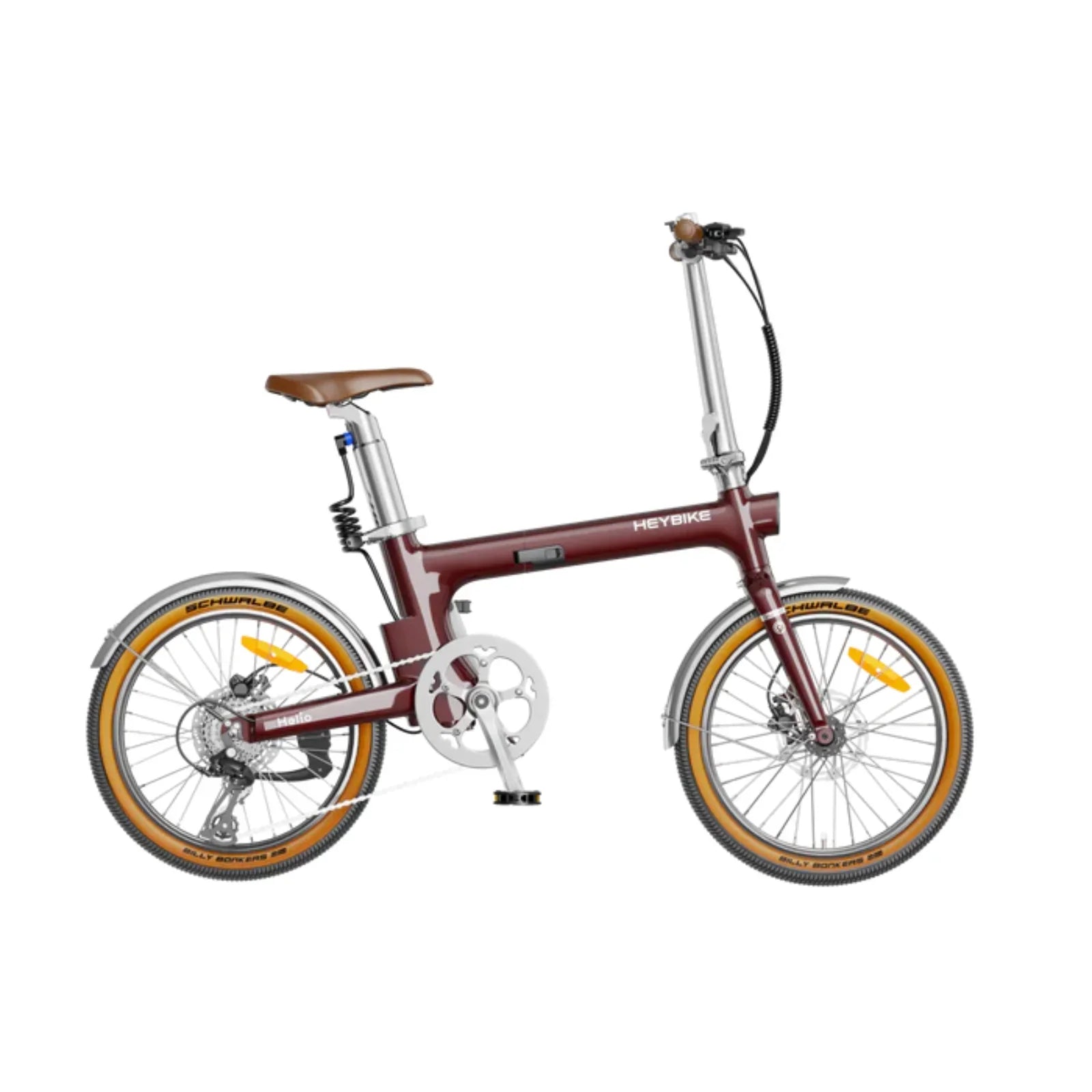 Heybike Helio F vintage edition compact electric bike with brown saddle and orange Schwalbe tires