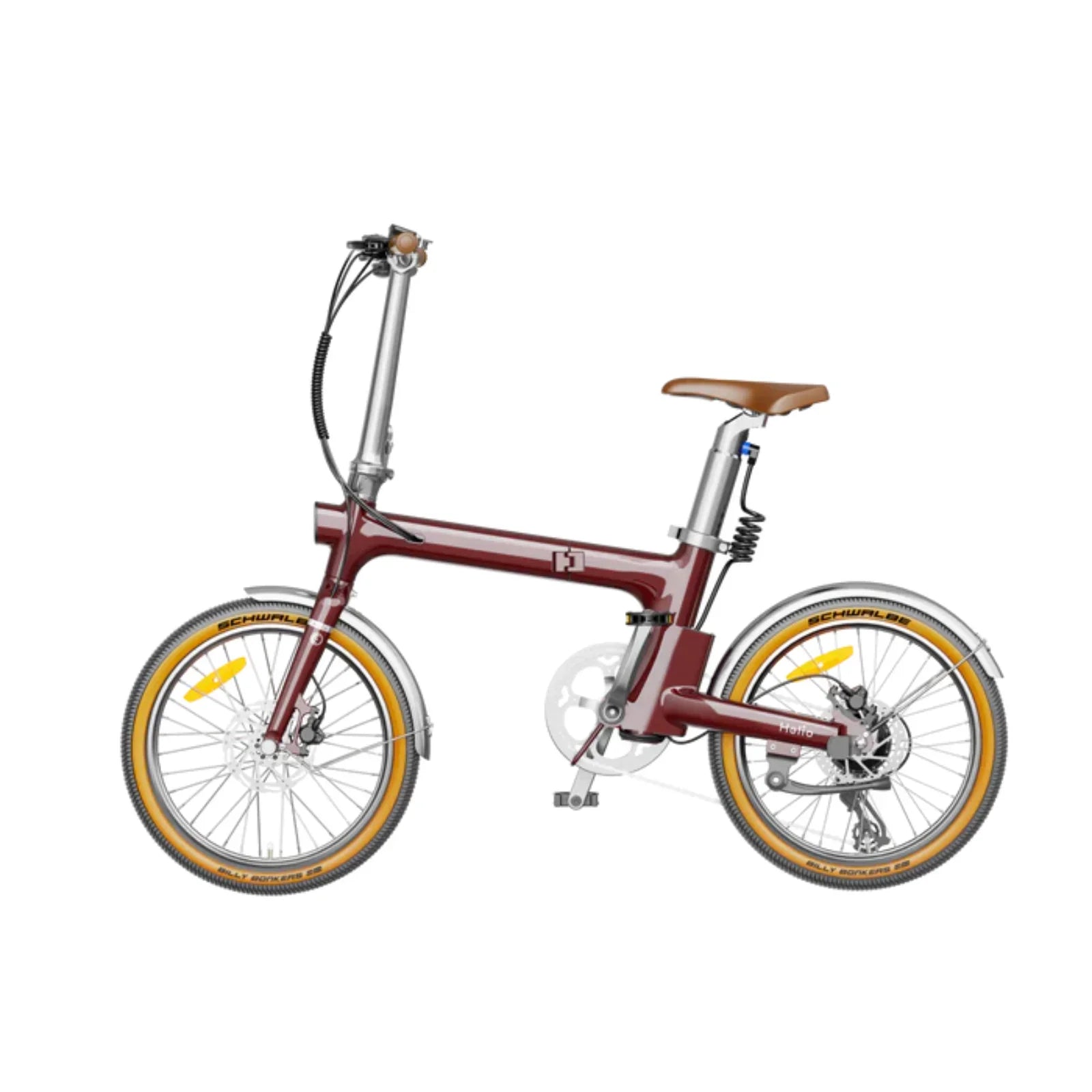 Heybike Helio F Vintage Edition electric folding bike with maroon frame and brown leather saddle