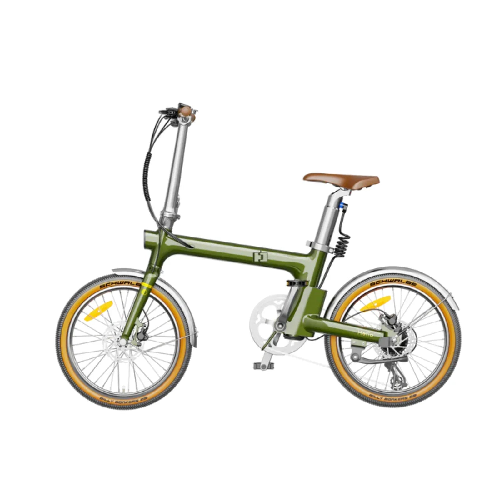 Green Heybike Helio F Vintage Edition folding electric bike with brown saddle and Schwalbe tires