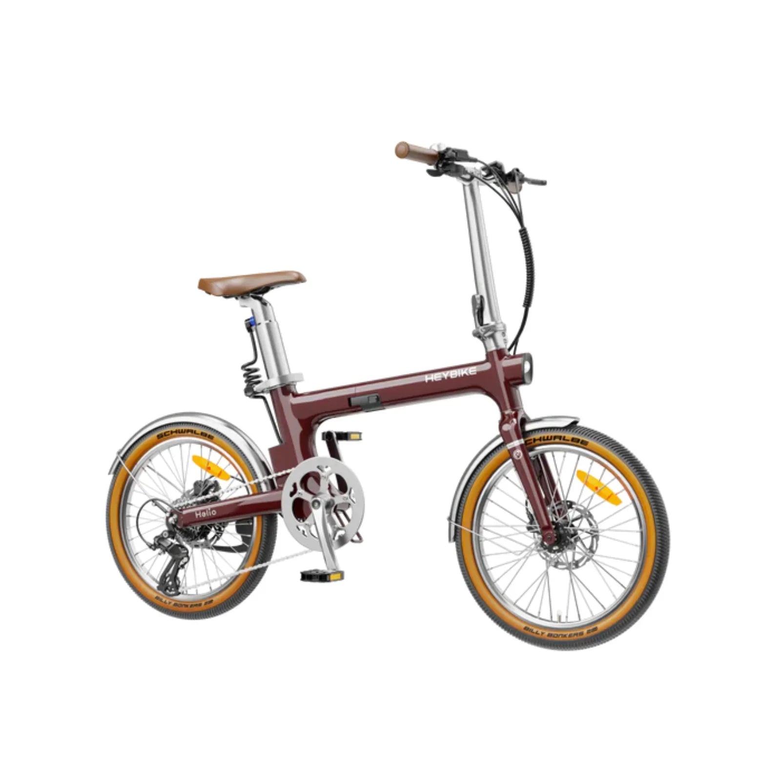 Heybike Helio F Vintage Edition electric bike with foldable frame, brown saddle, and tan wall tires