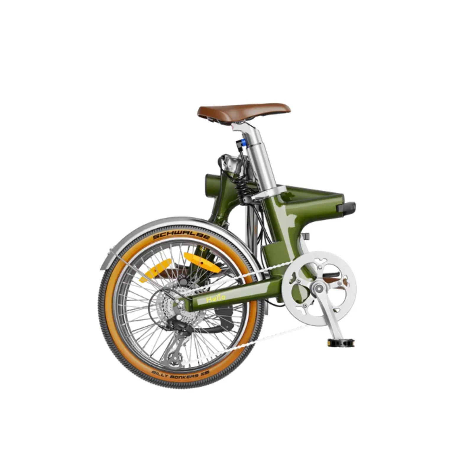 Folded green Heybike Helio F electric bike with brown saddle, Schwalbe tires, and silver pedals