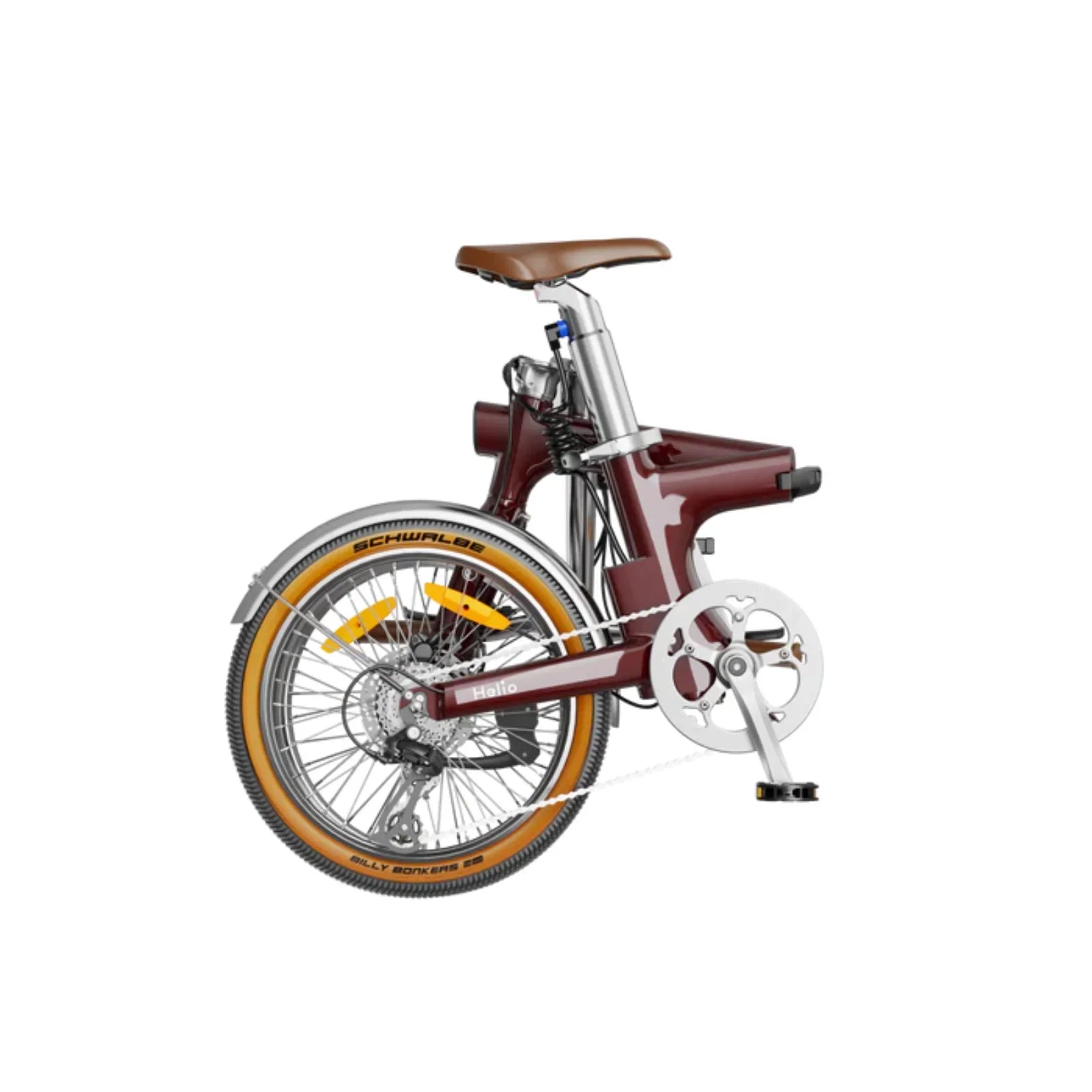 Folded vintage edition Heybike Helio electric bike with brown saddle and tan Schwalbe tires