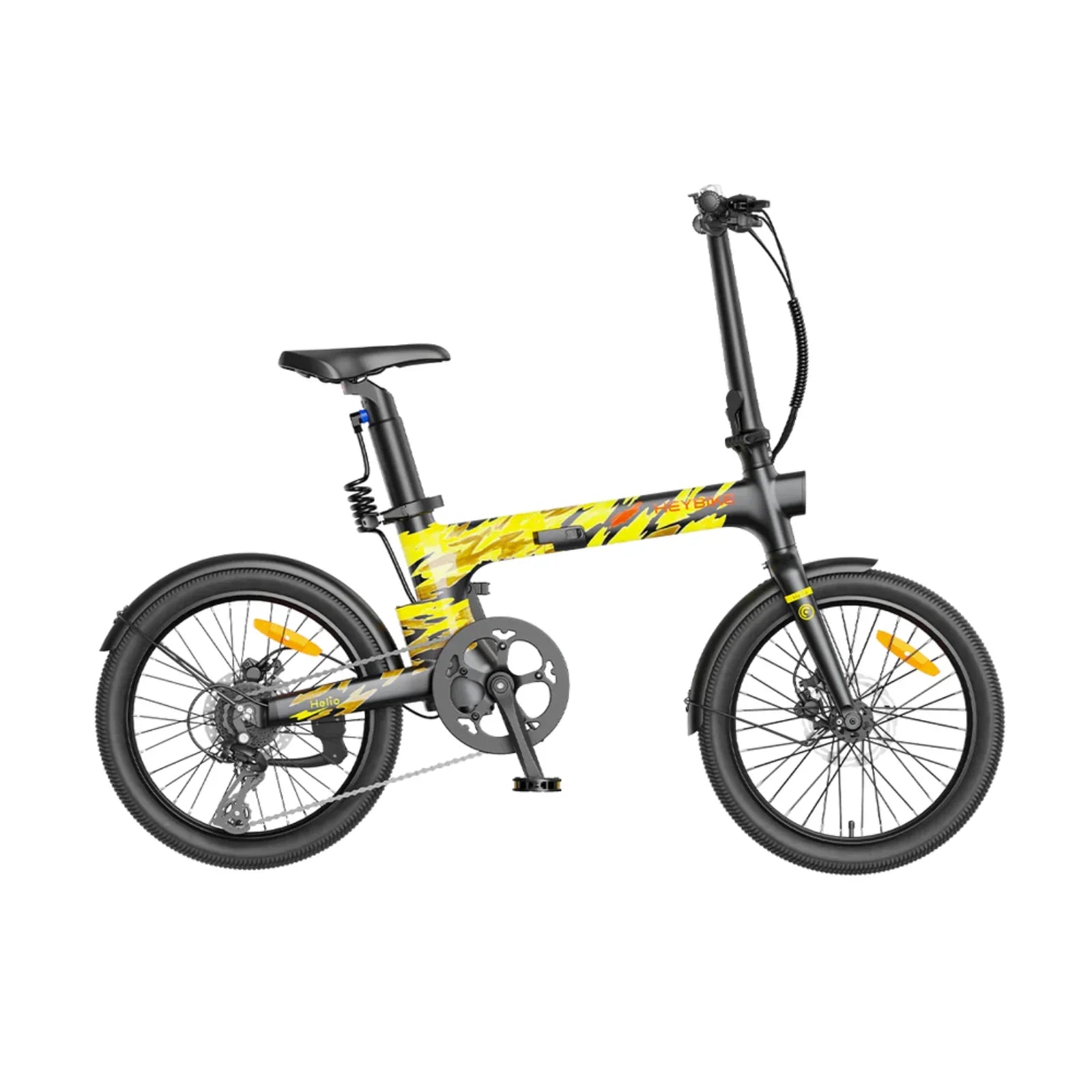 Heybike Helio F folding electric bike with yellow and black camouflage frame and black tires