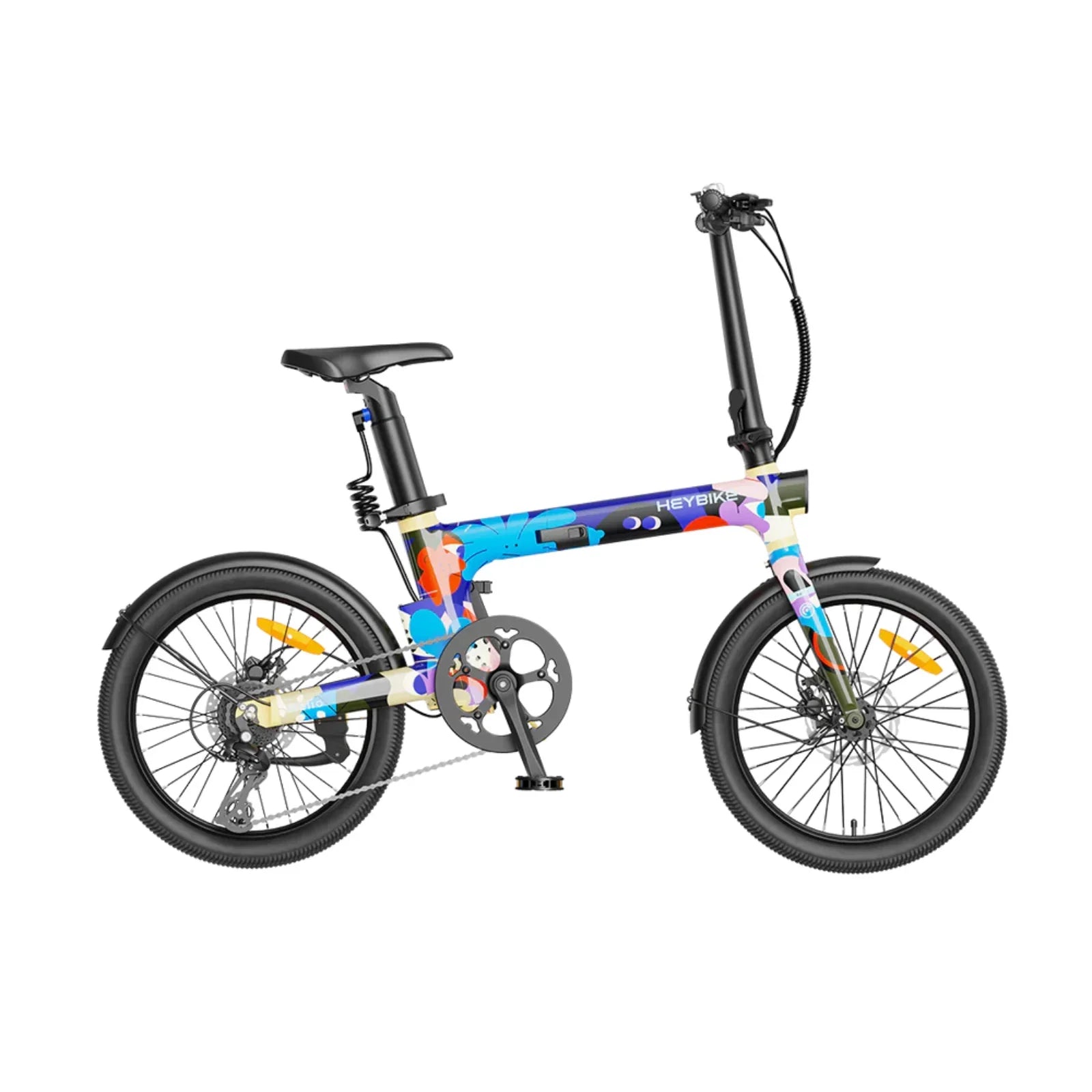 Heybike Helio electric folding bike with colorful artistic frame, black saddle, and 20-inch wheels