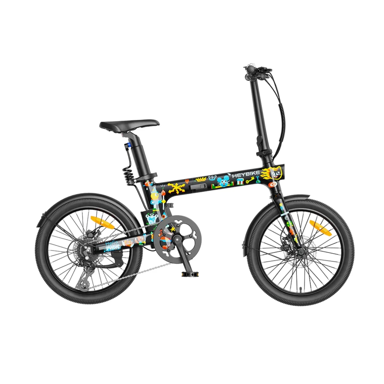 Black Heybike Helio folding electric bike with colorful artist edition decals and 20-inch wheels