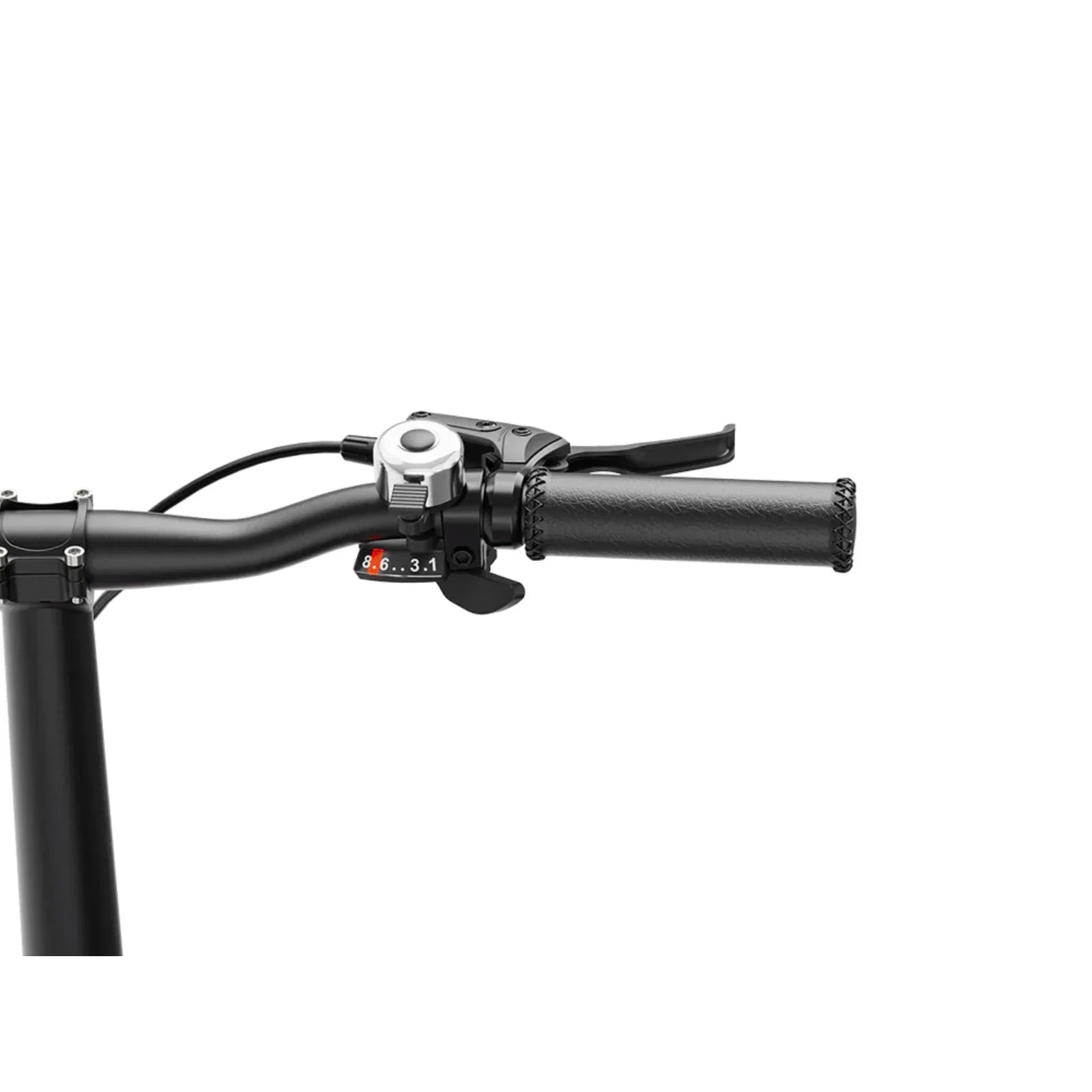 Black bicycle handlebar with leather textured grip, bell, and gear shifter on white background