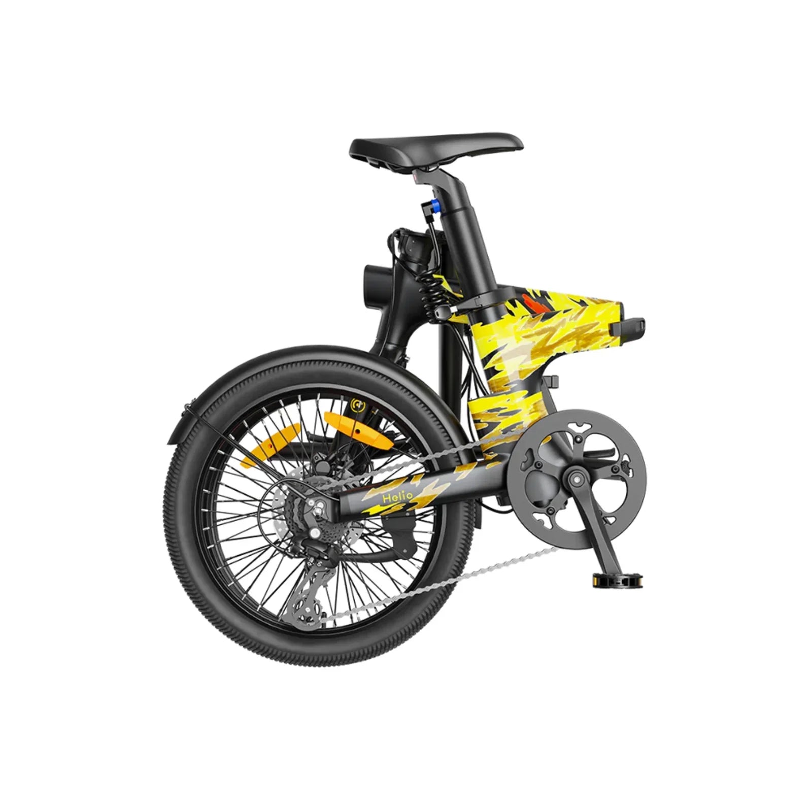 Folded electric bike with yellow and black camo design, black saddle, and rear wheel