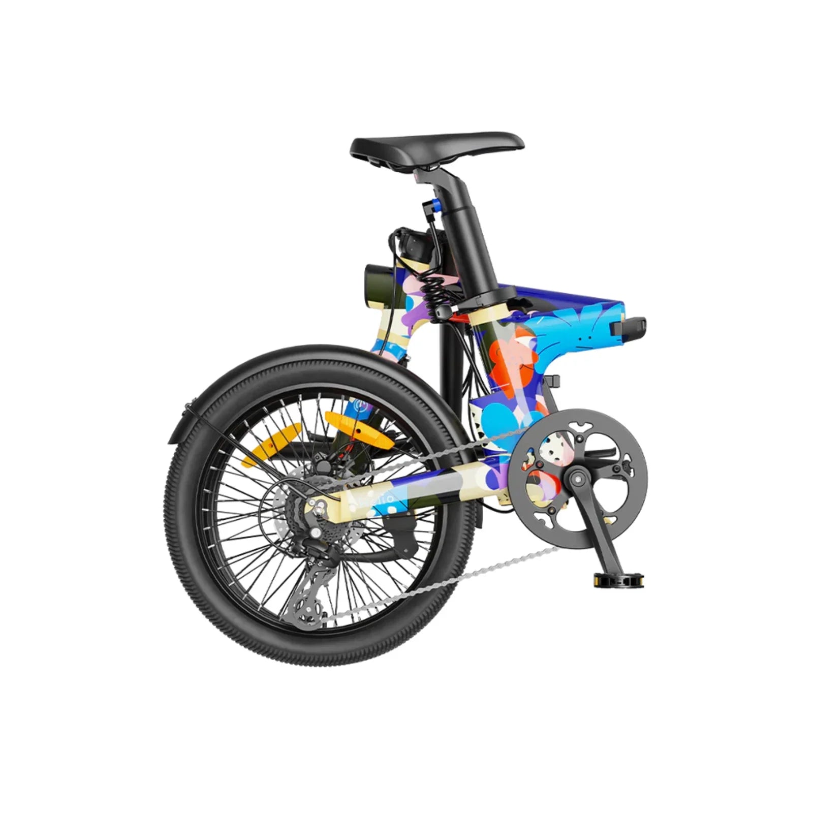 Folded colorful electric bike with abstract art frame and black seat on white background
