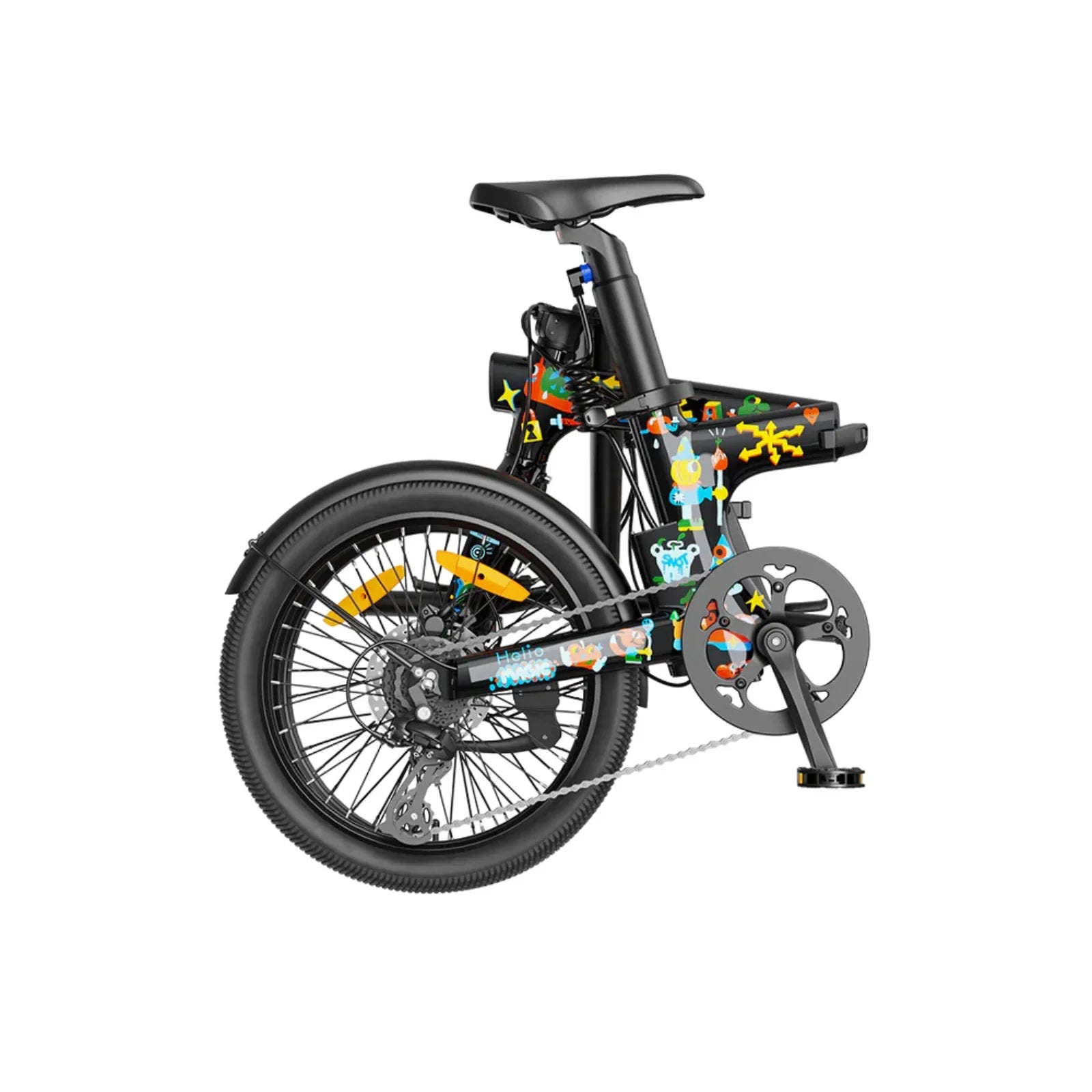 Compact folded Heybike Helio F electric bike with colorful artist edition decals on black frame