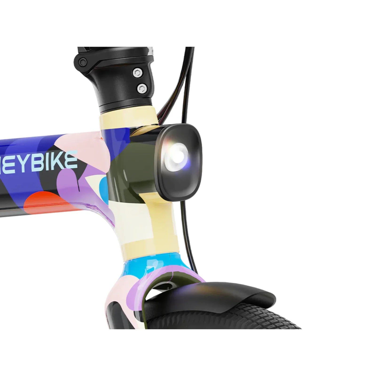 Close-up of colorful Heybike electric bike frame with front light and tire